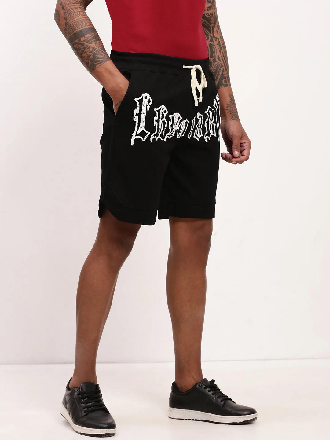 Fitness Enthusiast Men's Black Graphic Printed Cotton Shorts