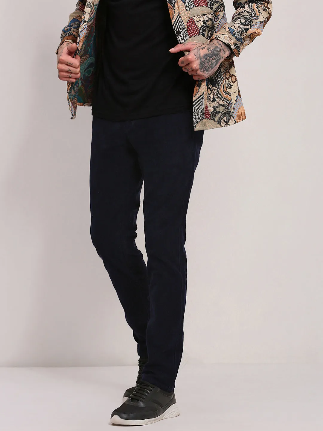 Men's Navy Blue Solid Trousers Durable Material