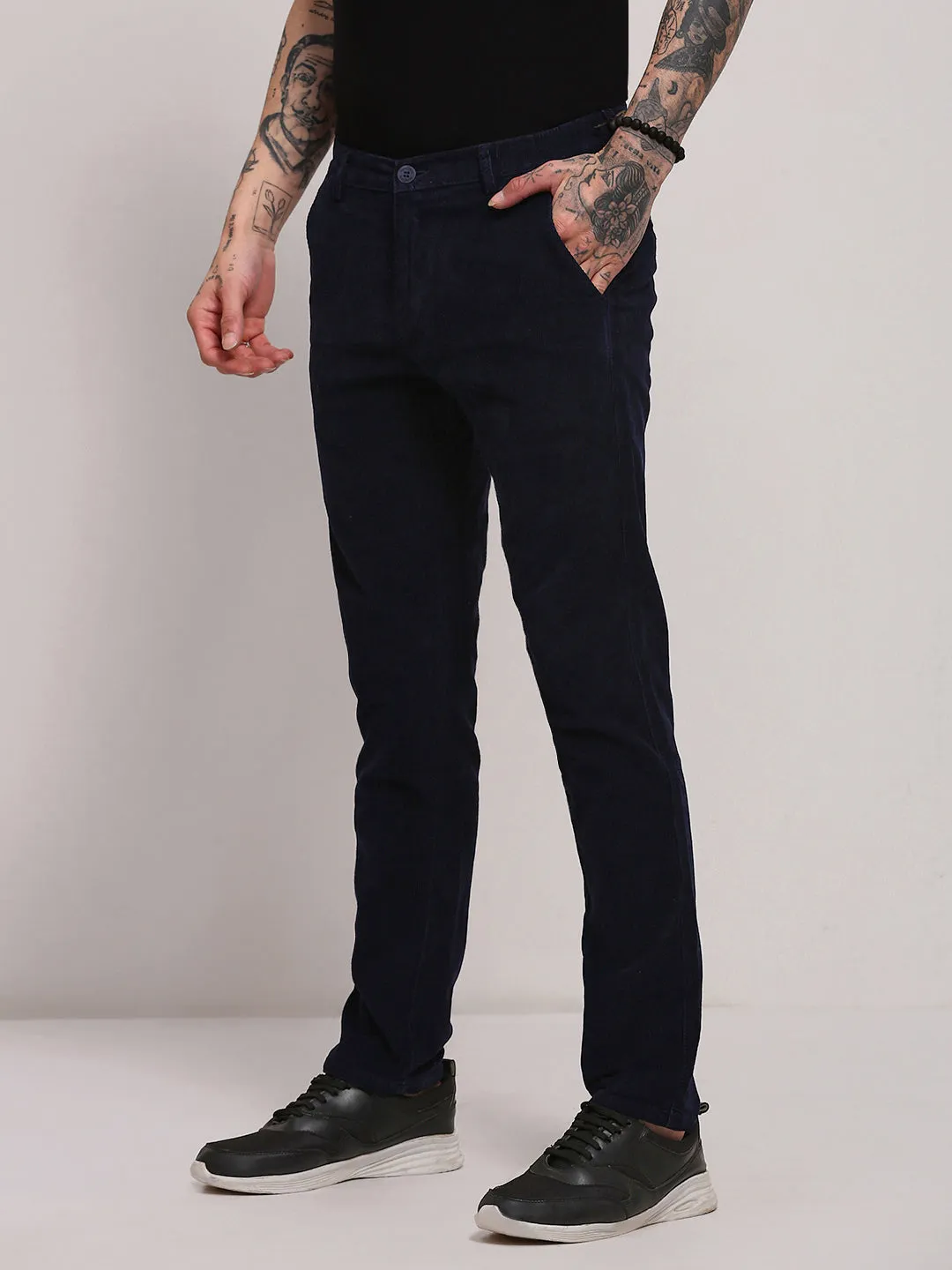 Men's Navy Blue Solid Trousers Water Repellent Coating