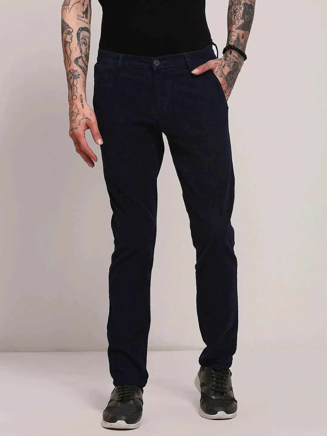 Tear Resistant Design Men's Navy Blue Solid Trousers