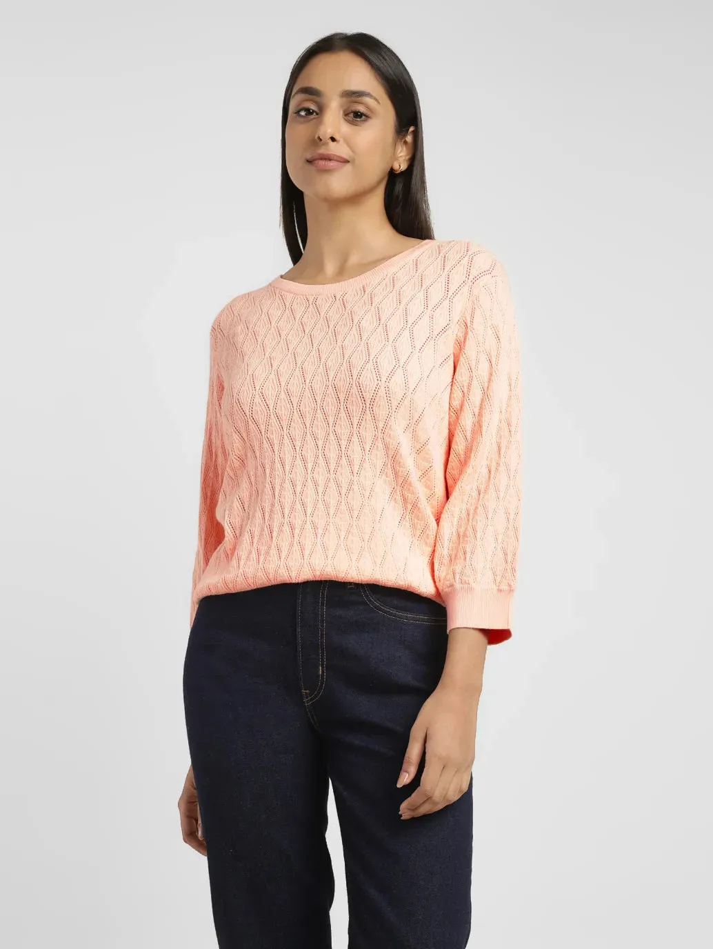 Women's Self Design Peach Crew Neck Sweater Cool Layer