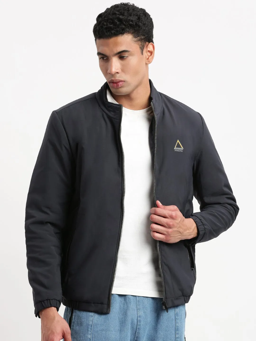Travel Light Fit Men's Mock Collar Navy Blue Solid Casual Bomber Jacket