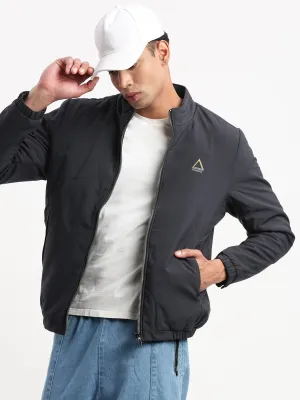 Versatile Layering Options Transitional Weather Piece Men's Mock Collar Navy Blue Solid Casual Bomber Jacket