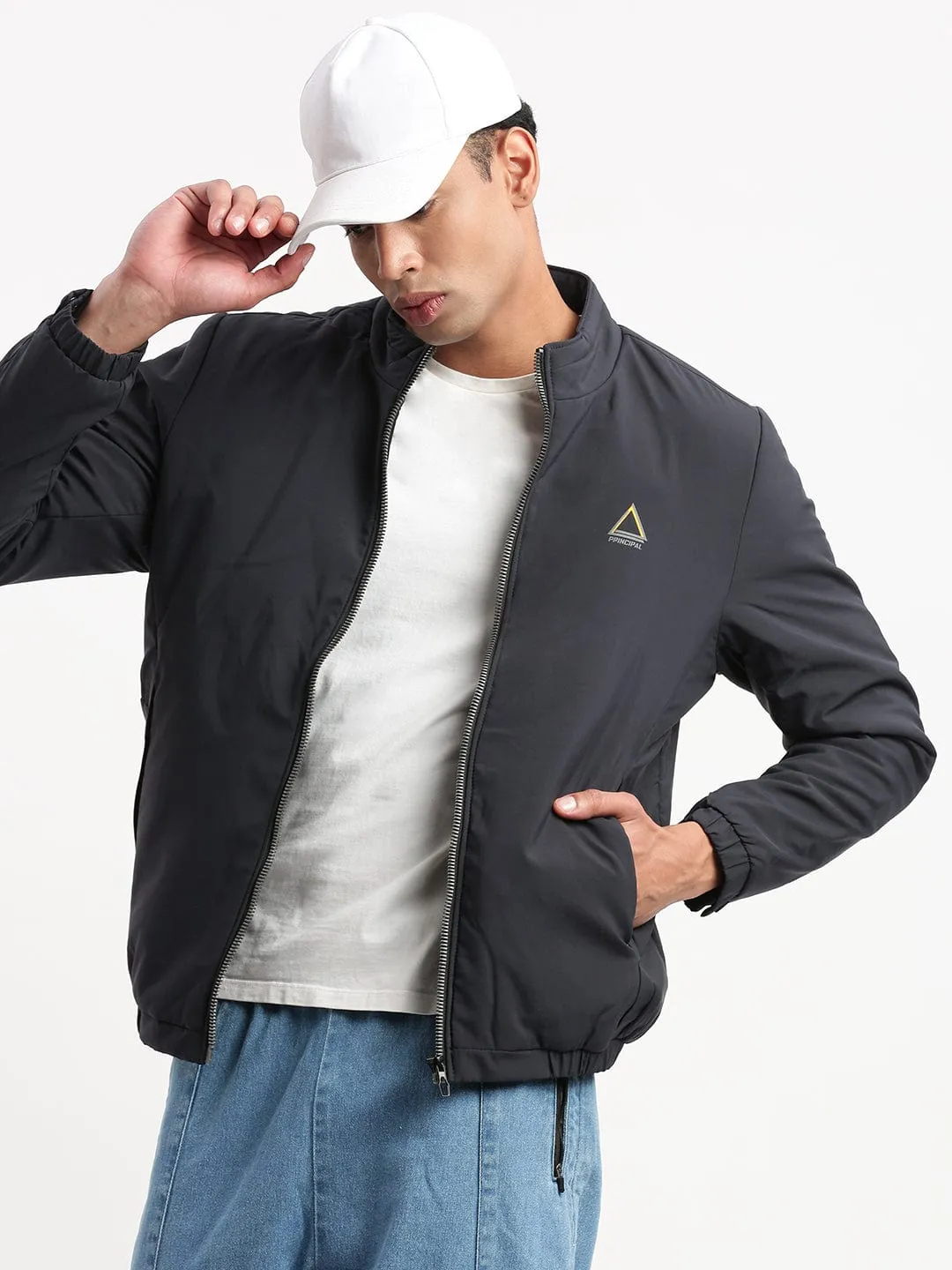 Versatile Layering Options Transitional Weather Piece Men's Mock Collar Navy Blue Solid Casual Bomber Jacket