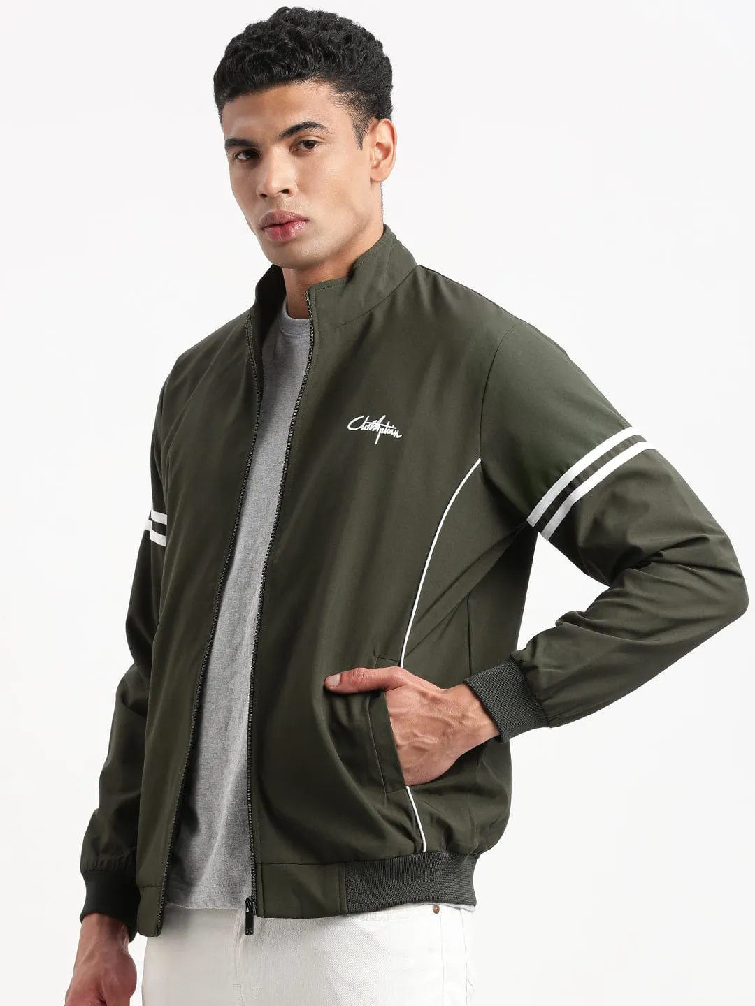 Breathable Technology Men's Solid Mock Collar Olive Classic Bomber Jacket