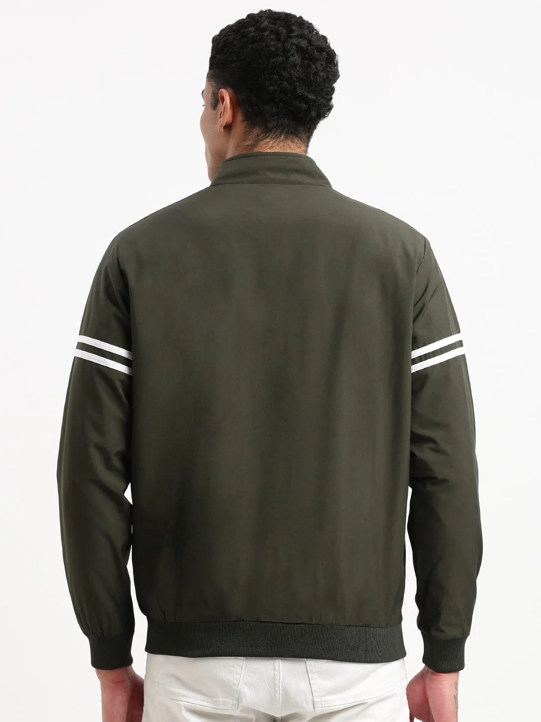Men's Solid Mock Collar Olive Classic Bomber Jacket Double Layer Protection