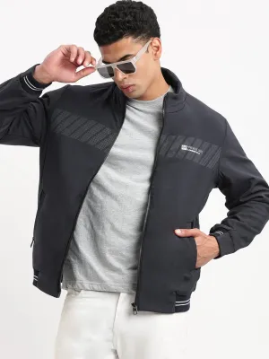 Men's Solid Mock Collar Navy Blue Casual Bomber Jacket Waterproof Fabric