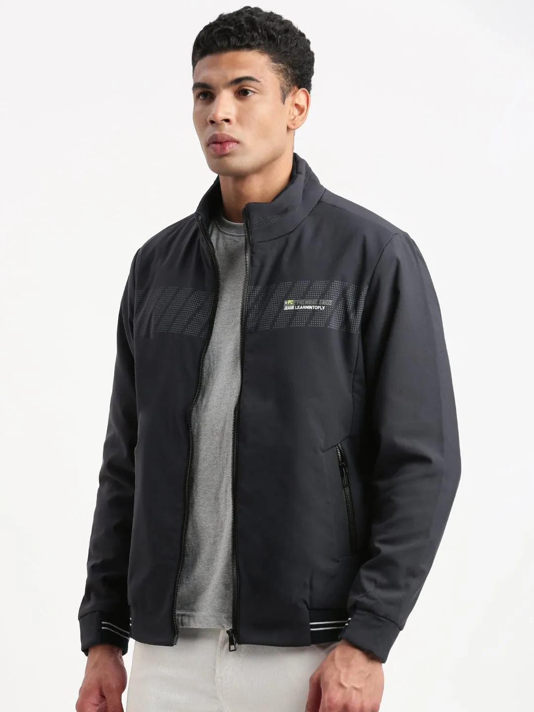 MoistureWickingLining All Day Comfort Men's Solid Mock Collar Navy Blue Casual Bomber Jacket