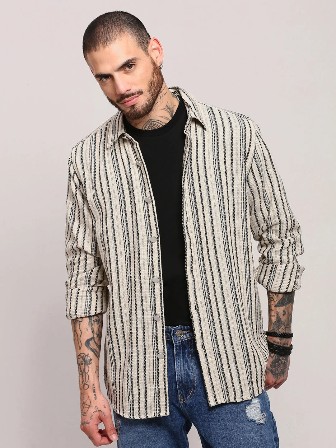 Men's Cream Striped Shacket Bold Look Quick Fit Stretch