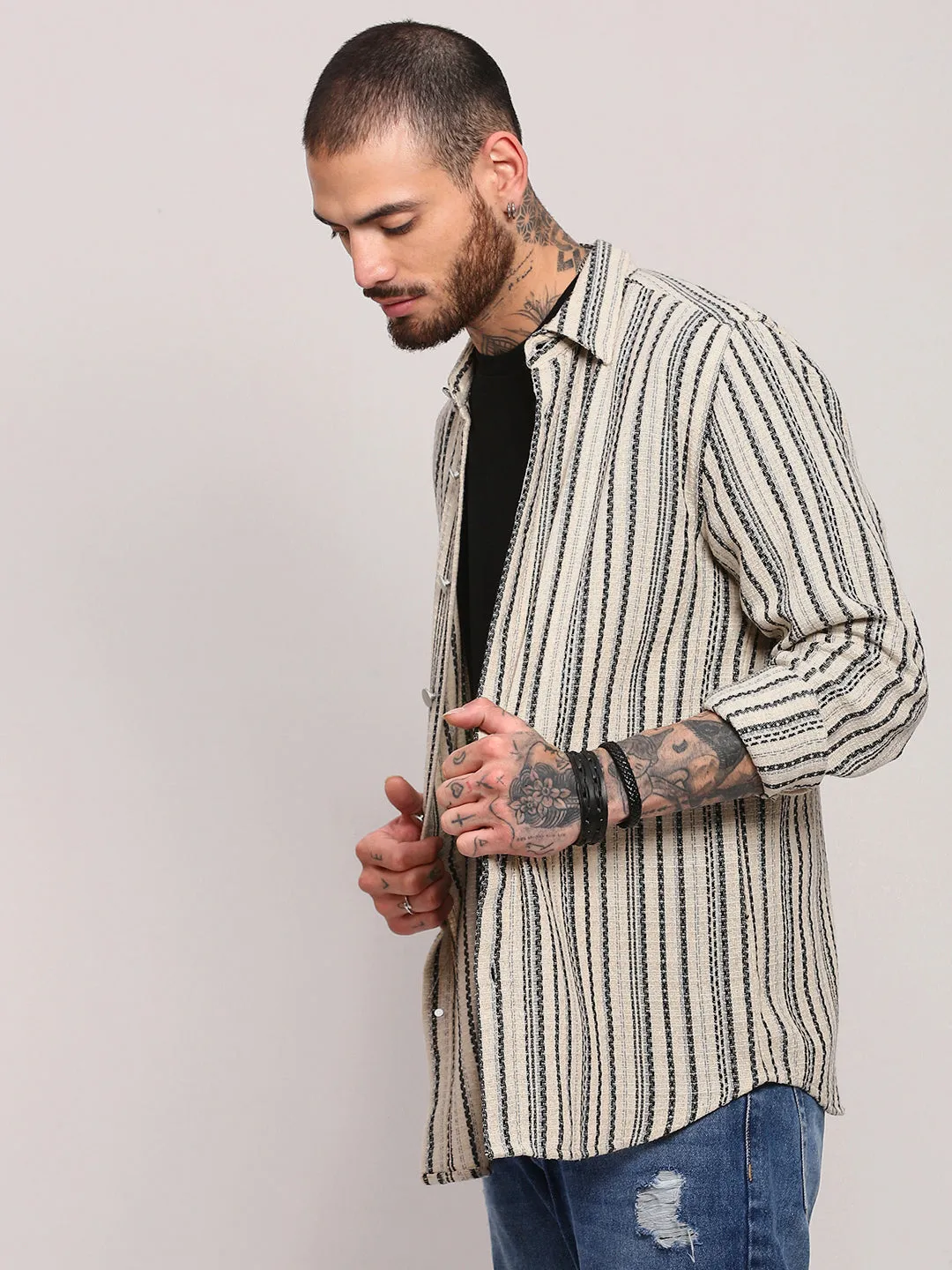 Seasonal Outfit cycling outfit Men's Cream Striped Shacket