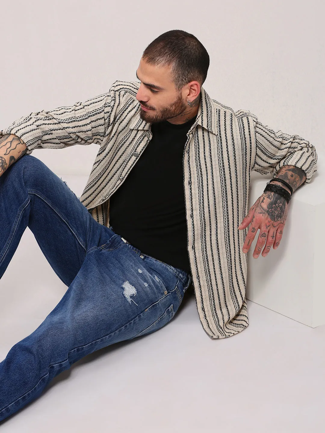 Men's Cream Striped Shacket Casual Flex Fit