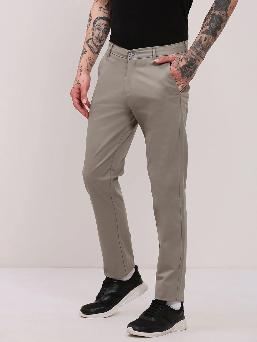 HeatRegulating Men's Grey Comfort Slim Fit Low-Rise Cotton Trousers