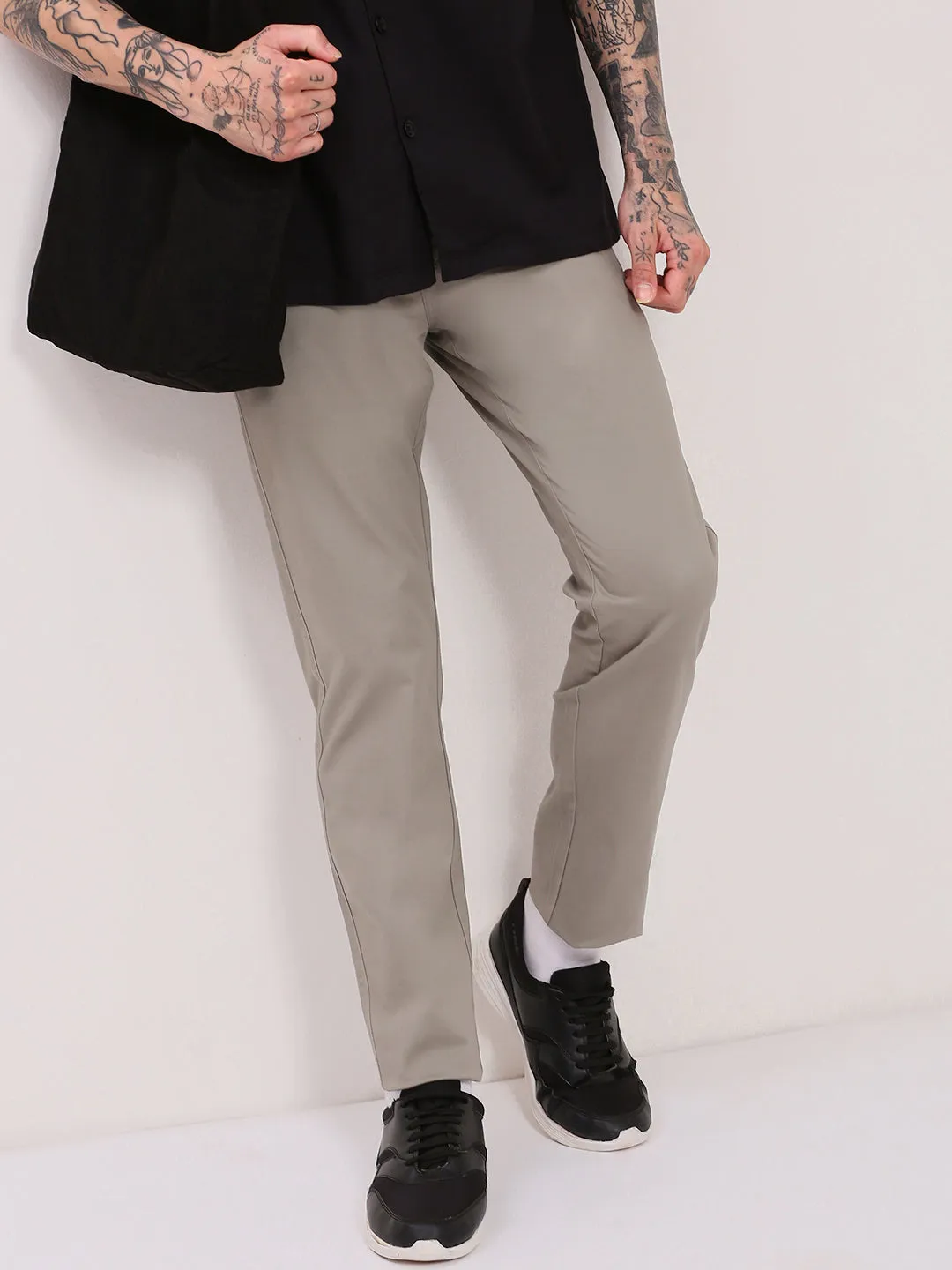 Bold Waistband Quick Change Men's Grey Comfort Slim Fit Low-Rise Cotton Trousers