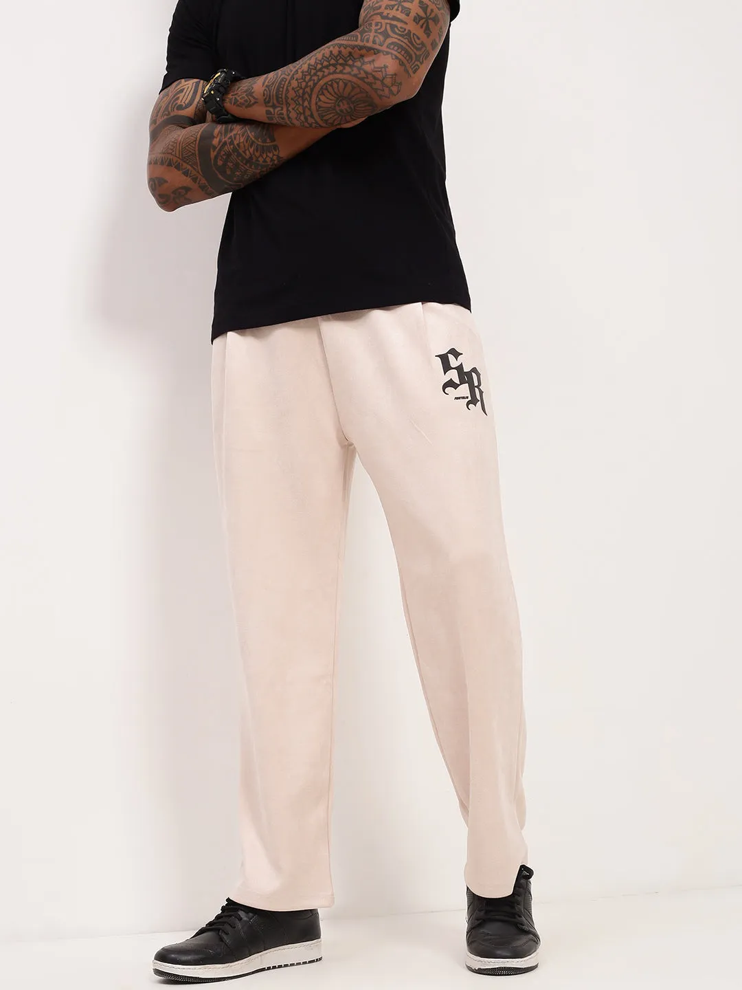 Men's Cream Solid Straight Fit Trousers Work Flex