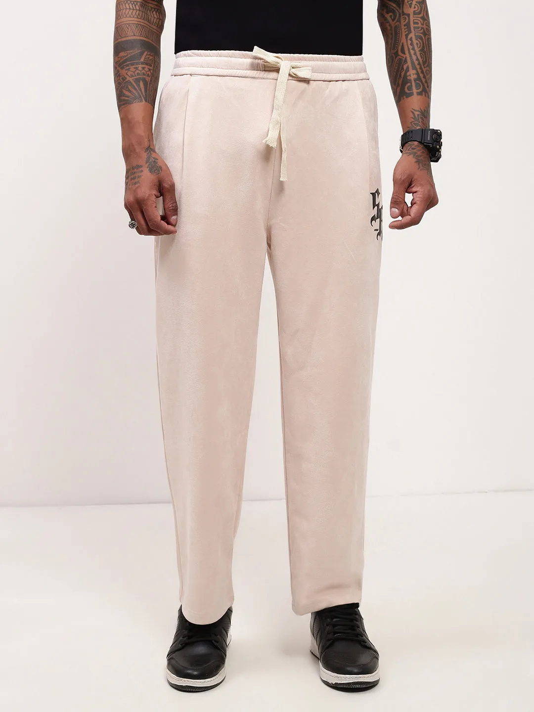 RecycledMaterial Men's Cream Solid Straight Fit Trousers
