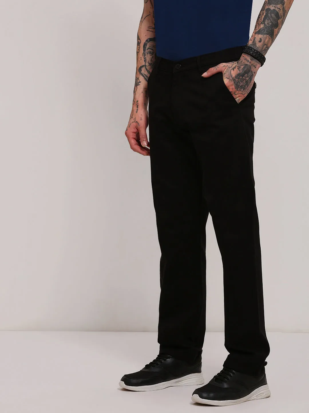 Water Resistant Finish Men's Black Slim Fit Low-Rise Flat-Front Trousers
