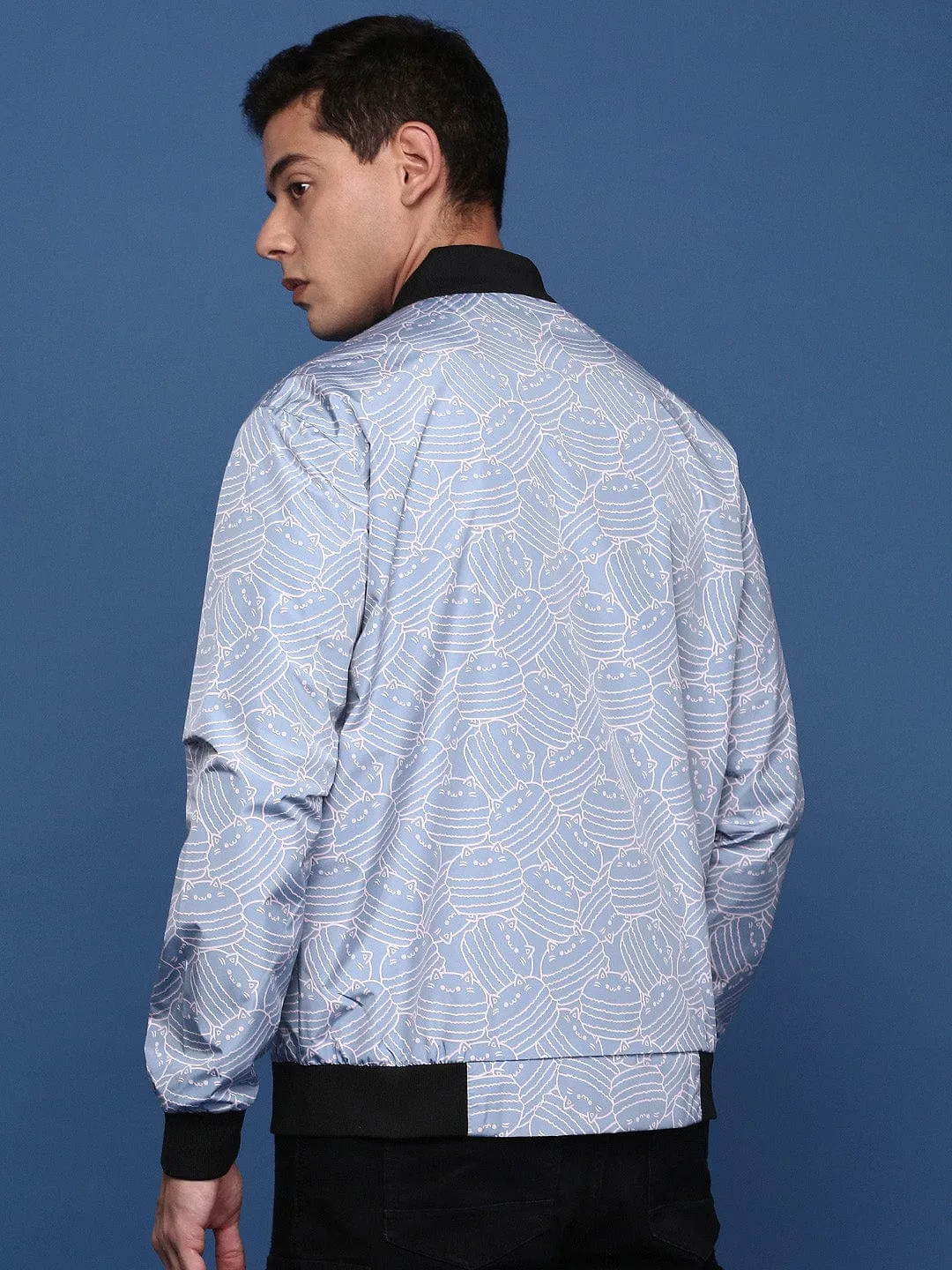 Men's Printed Blue Bomber Jacket Micro Perforated Panels