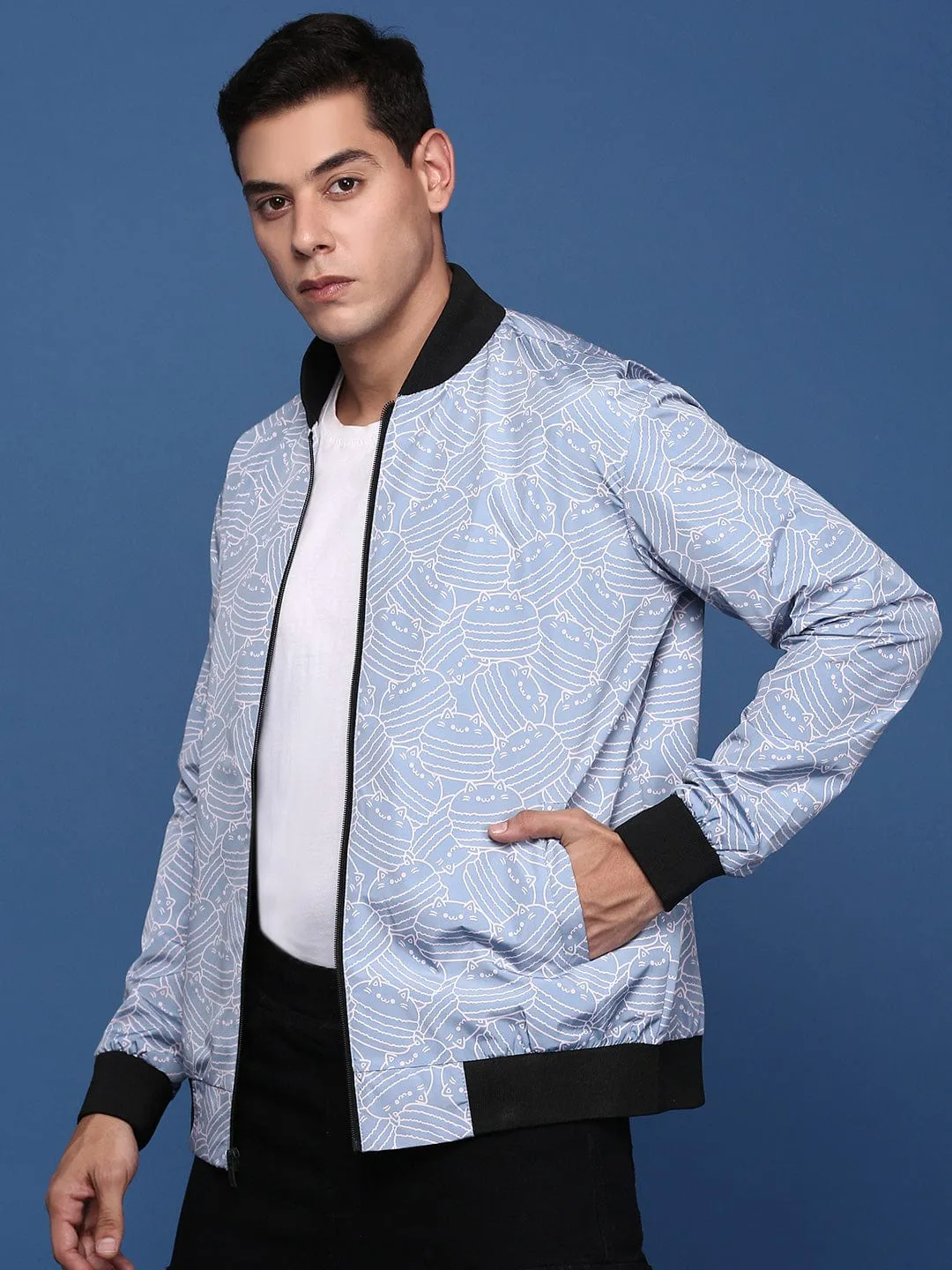 Modular Layering Compatibility Men's Printed Blue Bomber Jacket