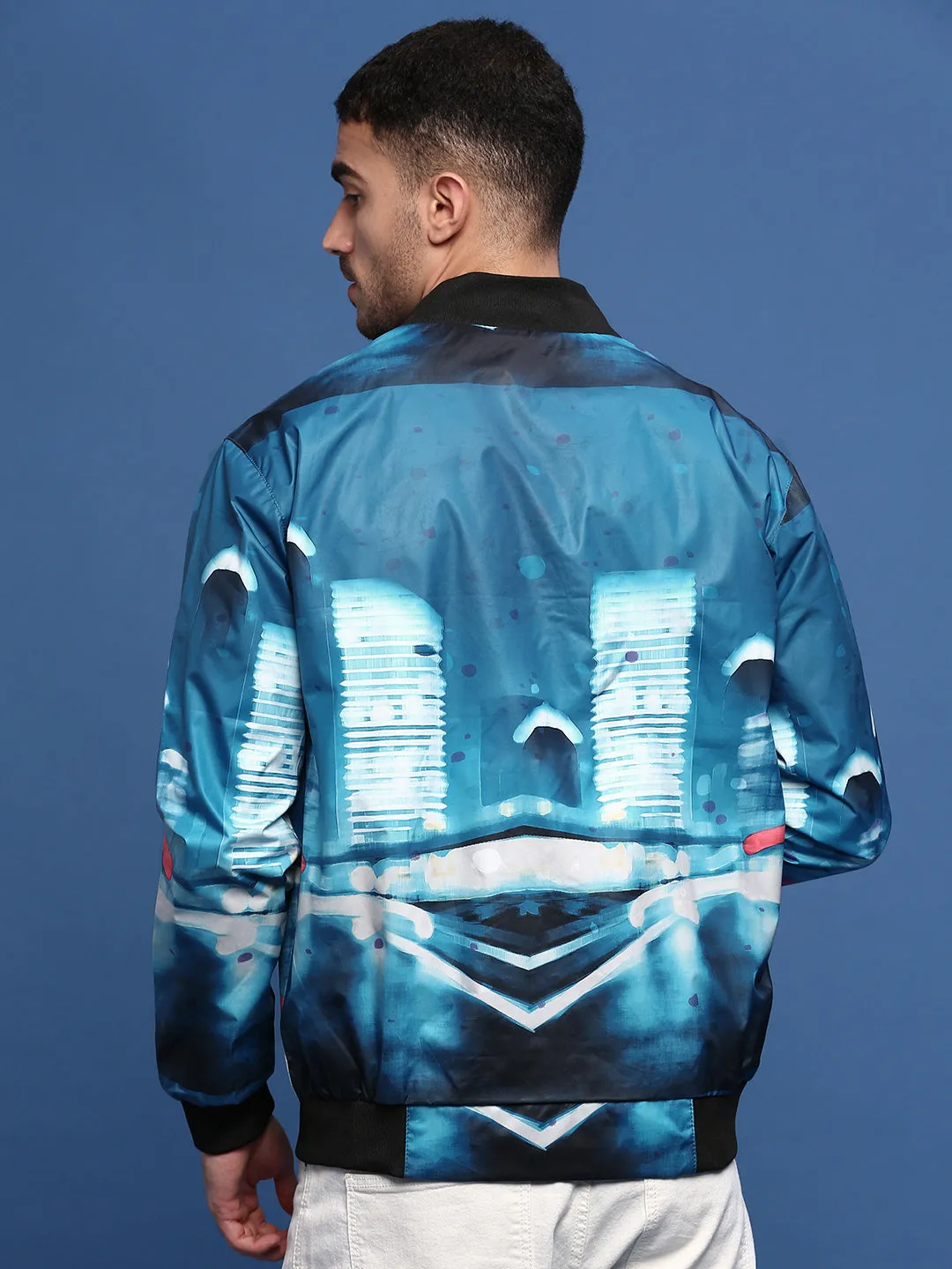 RubberizedButtonClosures Canvas Make Men's Abstract Blue Bomber Jacket