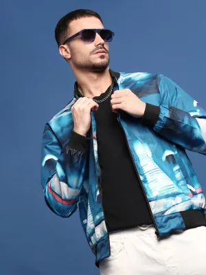 Men's Abstract Blue Bomber Jacket Fit For Daily Utility Inspired Look