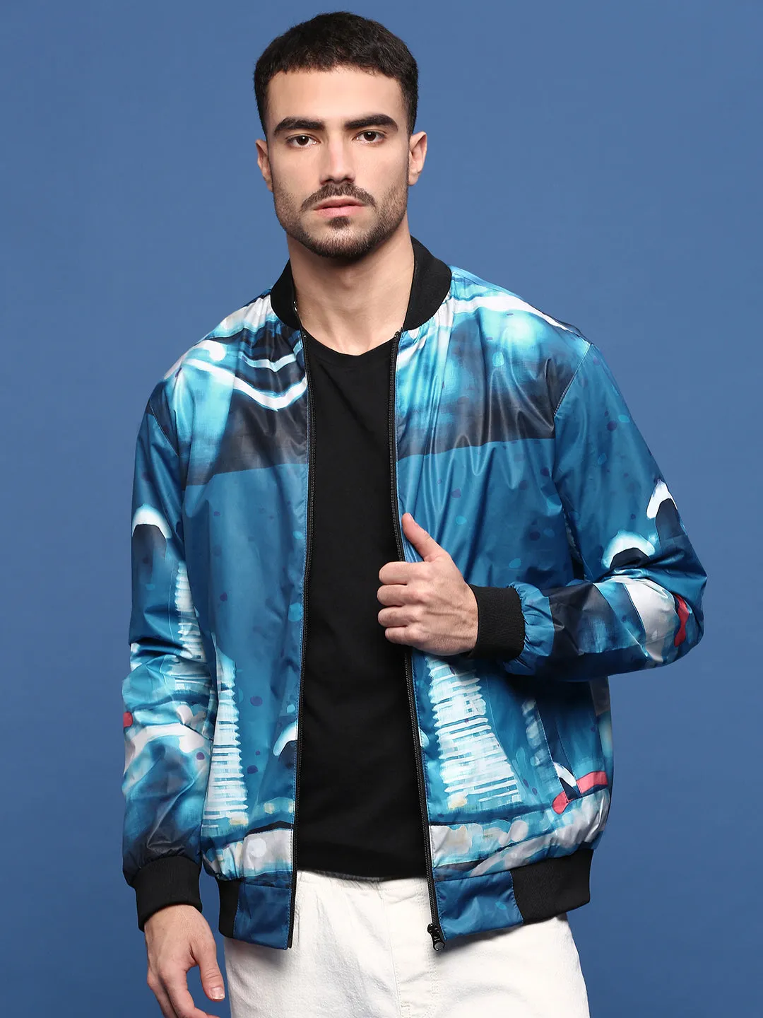 Men's Abstract Blue Bomber Jacket Durable Stitching
