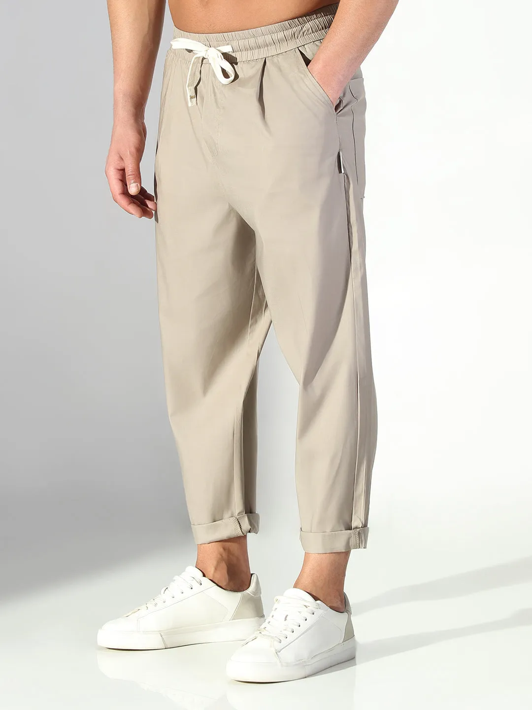 ExpandableSidePanels Back pockets Men's Beige Solid Korean Trousers