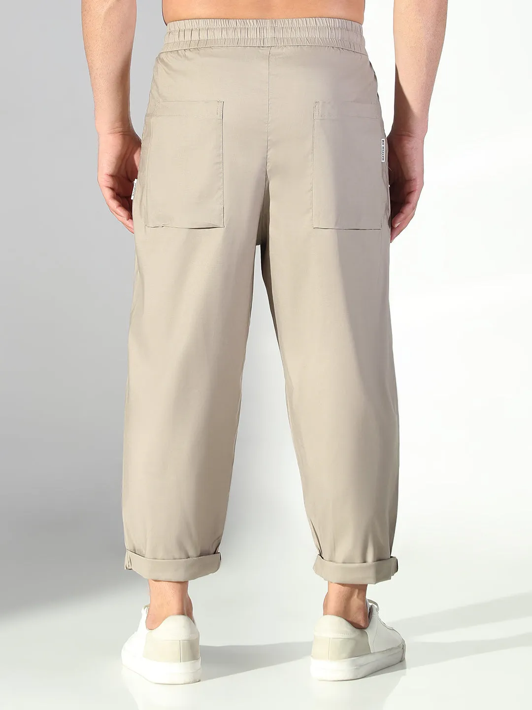 Men's Beige Solid Korean Trousers Utility Fit ElasticWaist
