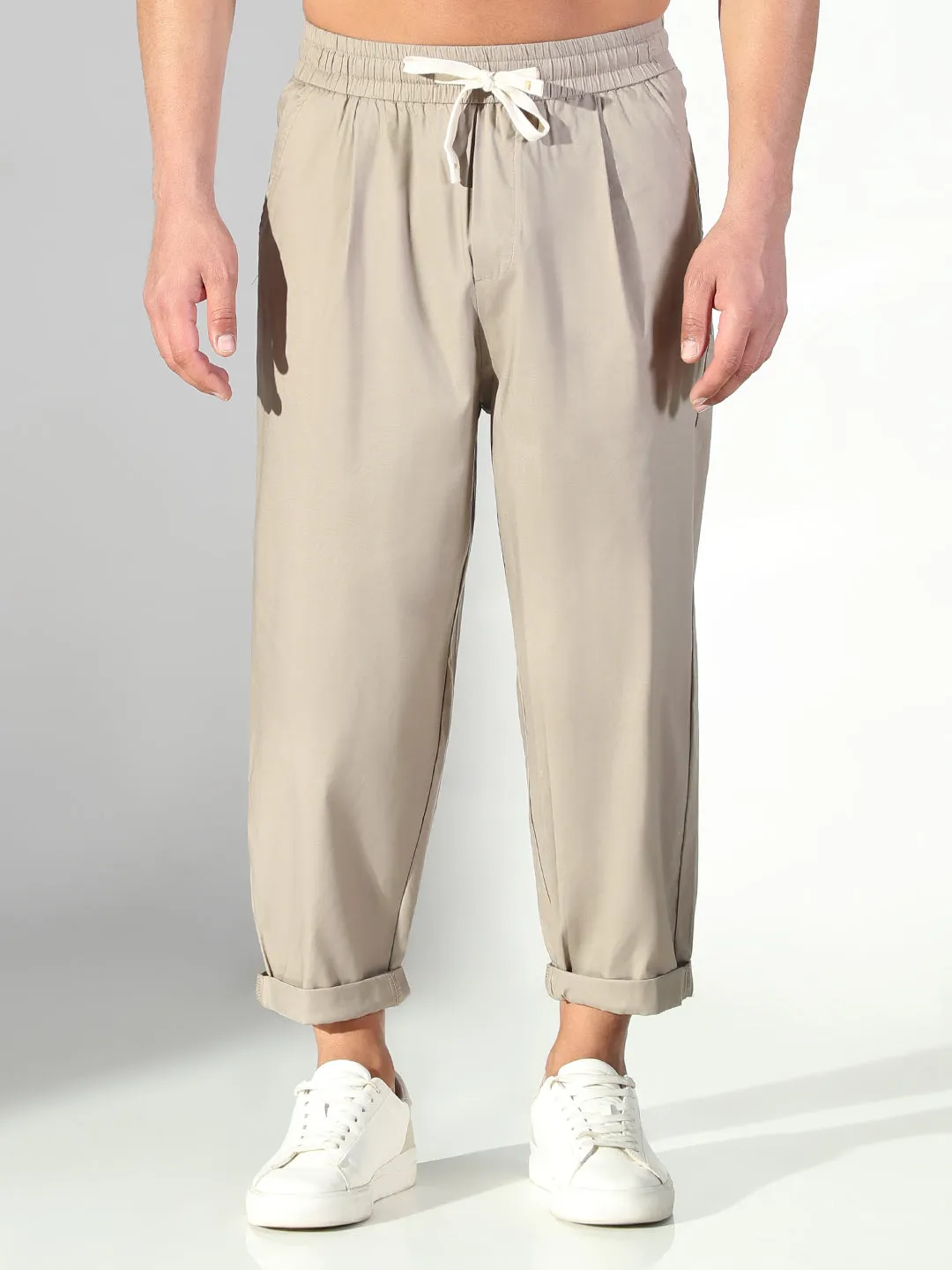 Men's Beige Solid Korean Trousers MoistureControlLiner