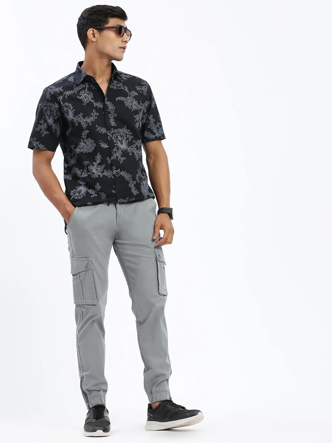 Men's Grey Comfort Slim Fit Cotton Joggers Trousers Minimal Fit High-rise waist