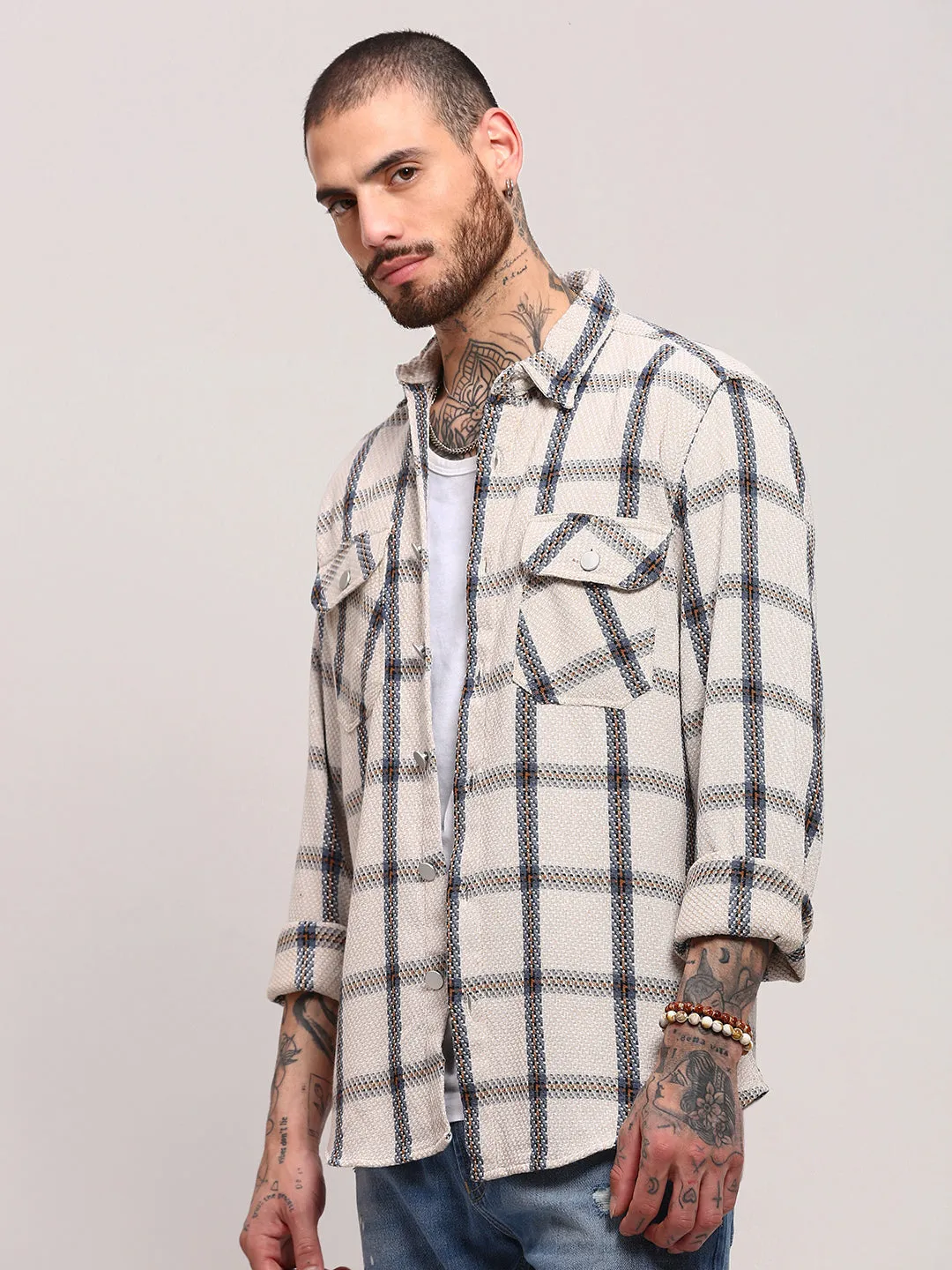 Odor Resistant Material Men's Cream Checked Shacket