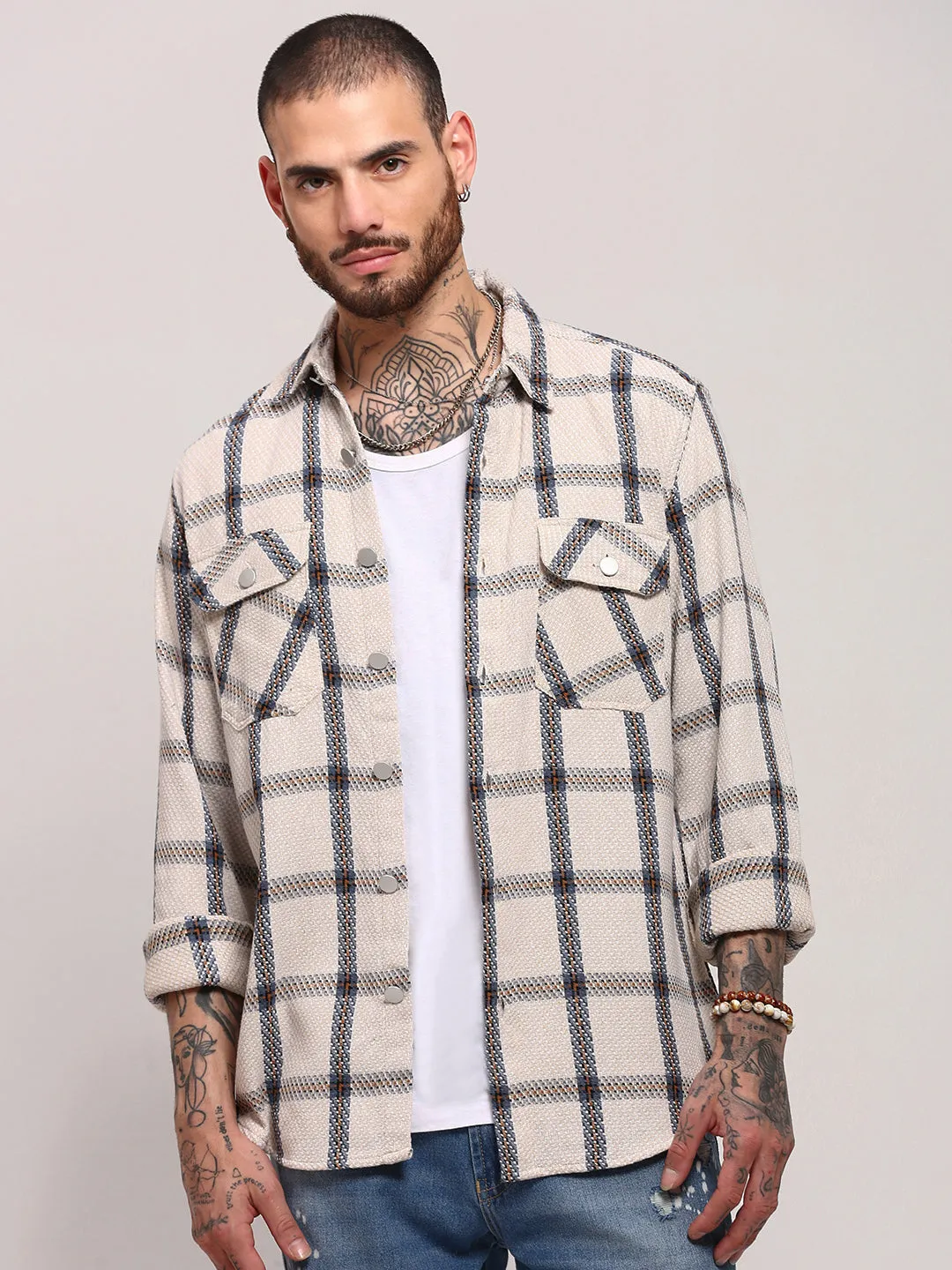 Men's Cream Checked Shacket Chill Mode Modern Outfit