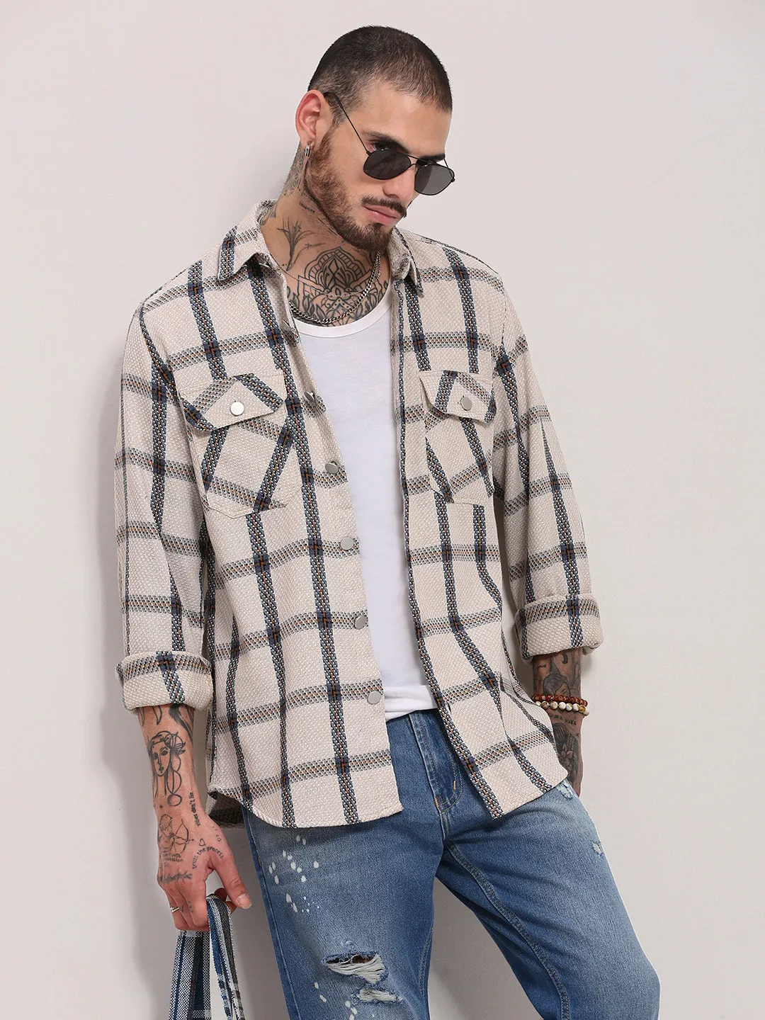 Chic Vibe Men's Cream Checked Shacket