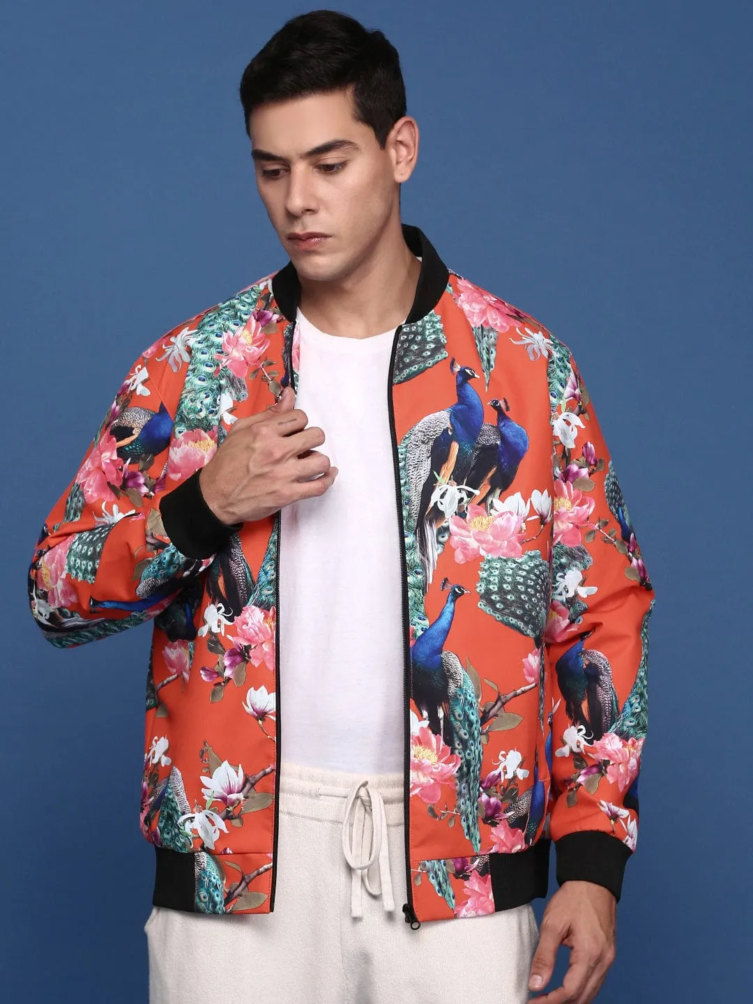 Vegan Safe Sleek Outer Men's Printed Orange Bomber Jacket