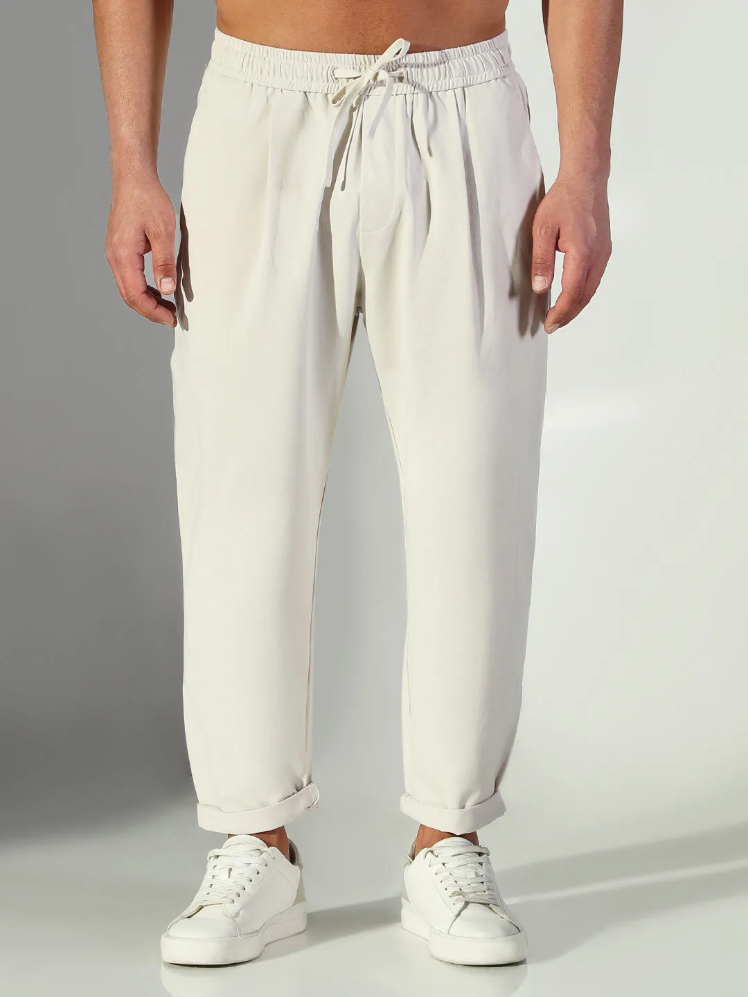 Men's Cream Solid Korean Trousers Sporty Layers