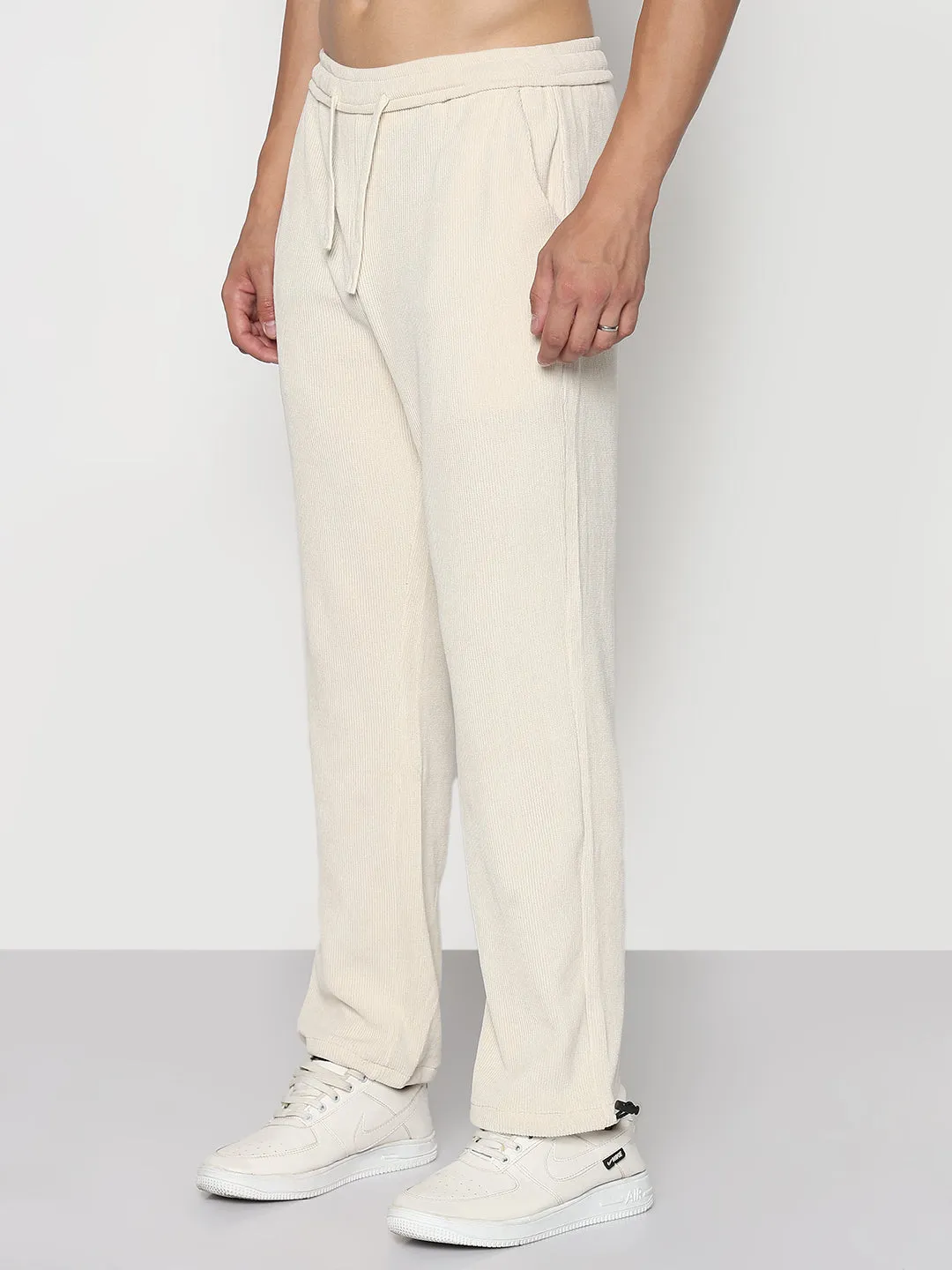 Tangle Free Cuffs Men's Cream Corduroy Straight Fit Trouser