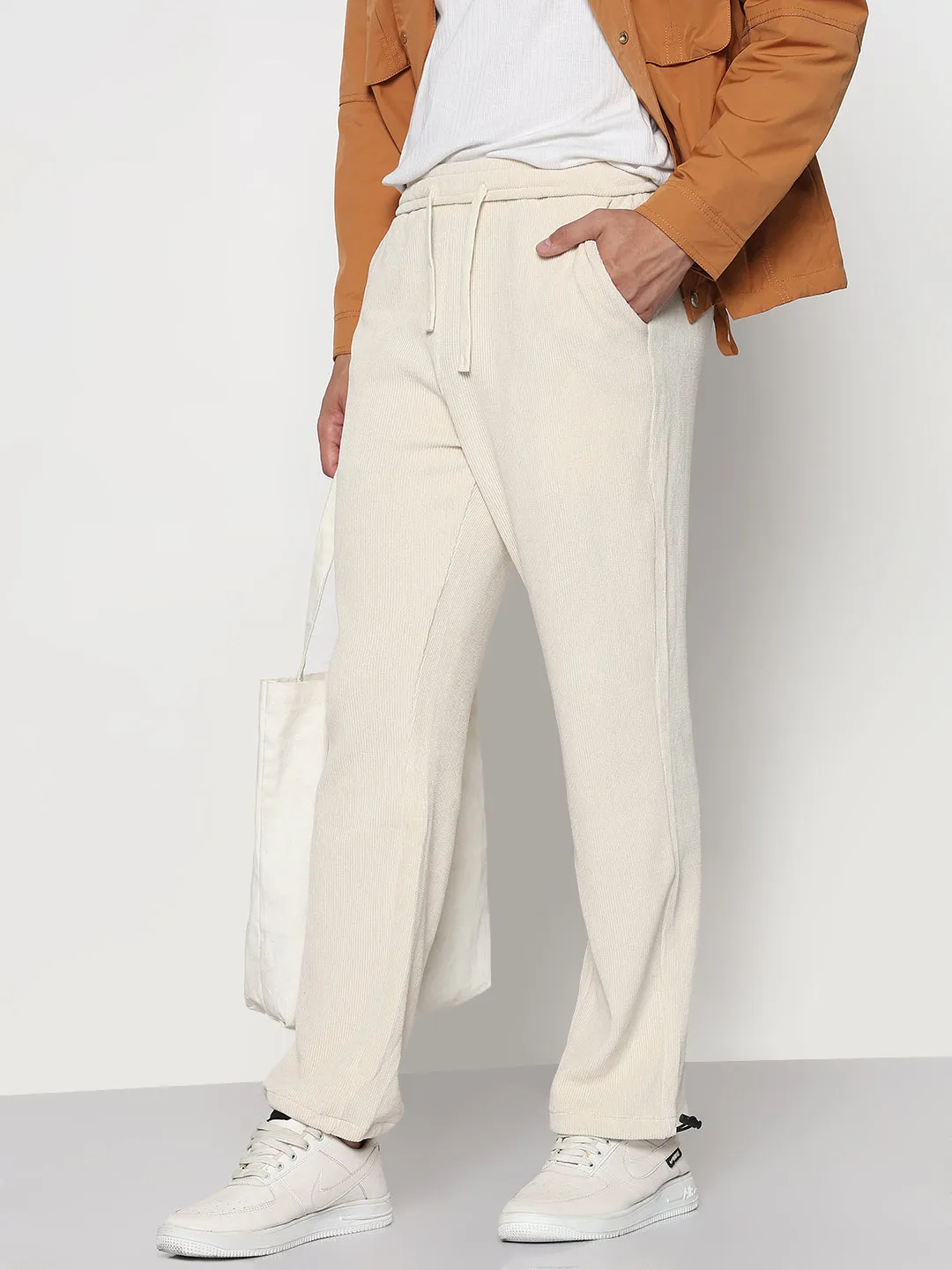 Men's Cream Corduroy Straight Fit Trouser Breathable Wearable