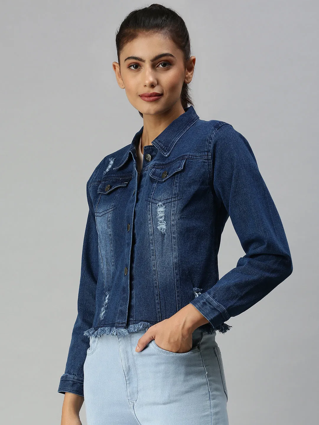 Concealed Zippers Women's Navy Blue Washed Denim Jacket