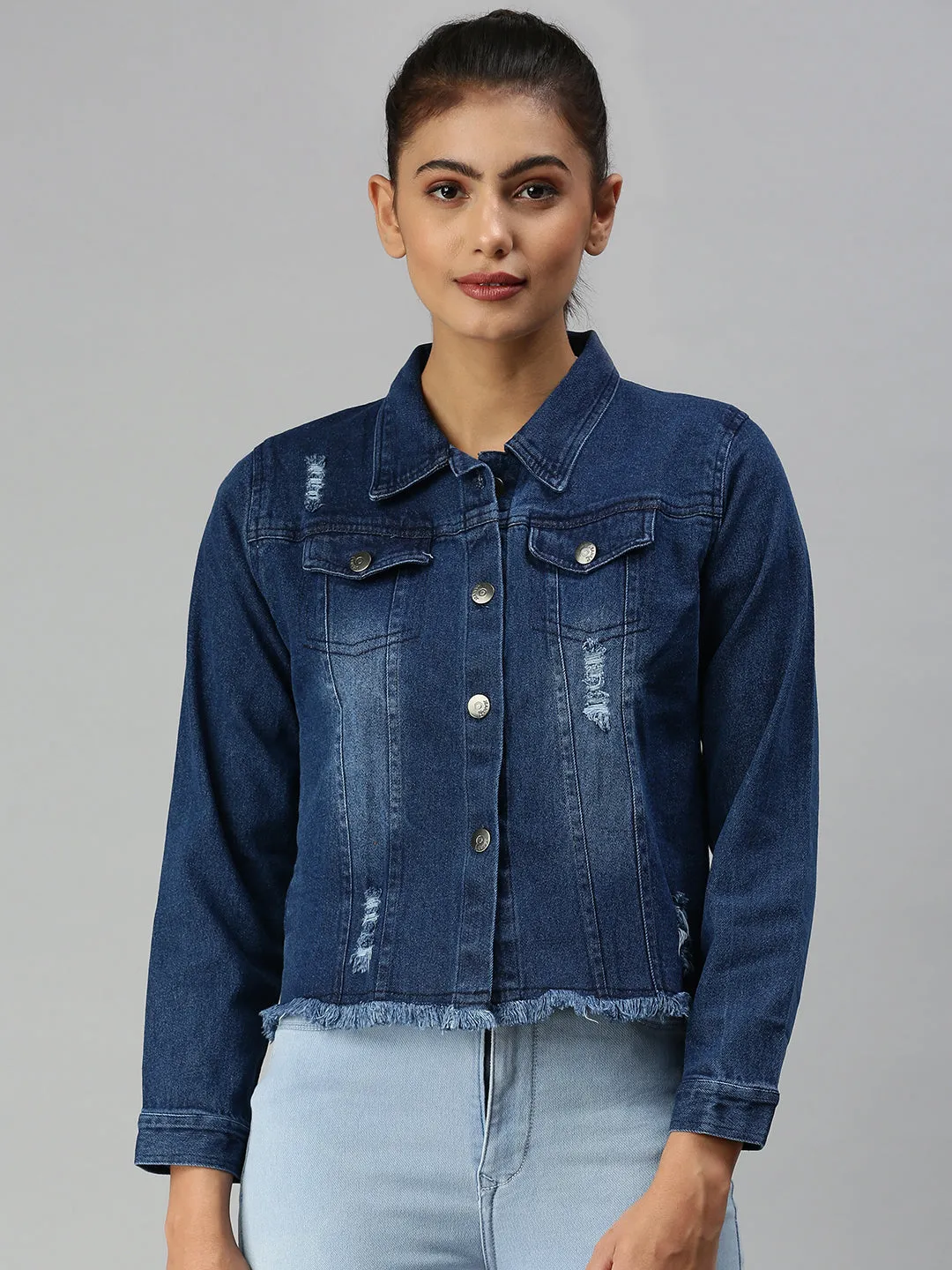 Women's Navy Blue Washed Denim Jacket Odor Resistant