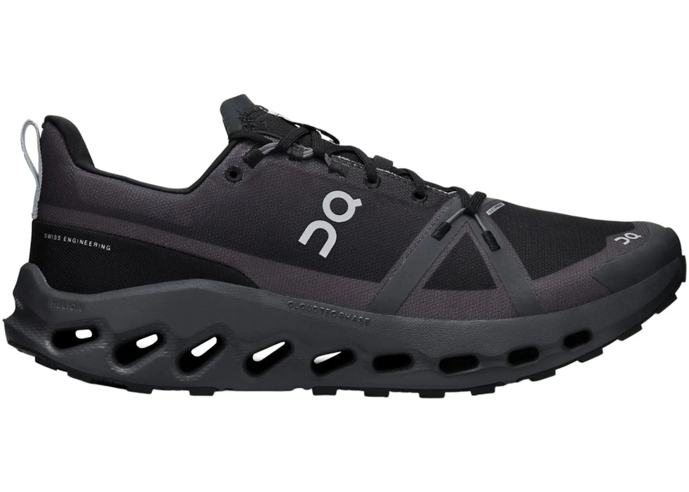 On Running Cloudsurfer Trail Waterproof Black Eclipse running in a rope bridge area shoes Dynamic Foot Lockdown