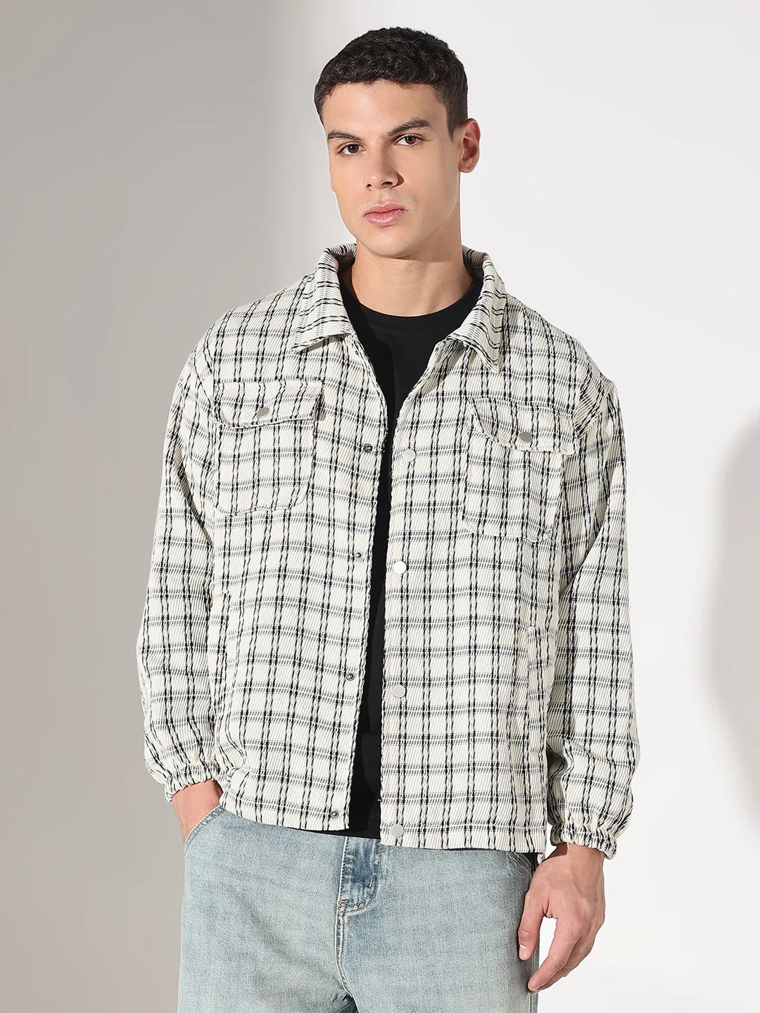 Men's Checked Cream Relaxed Fit Shirt Retro Style