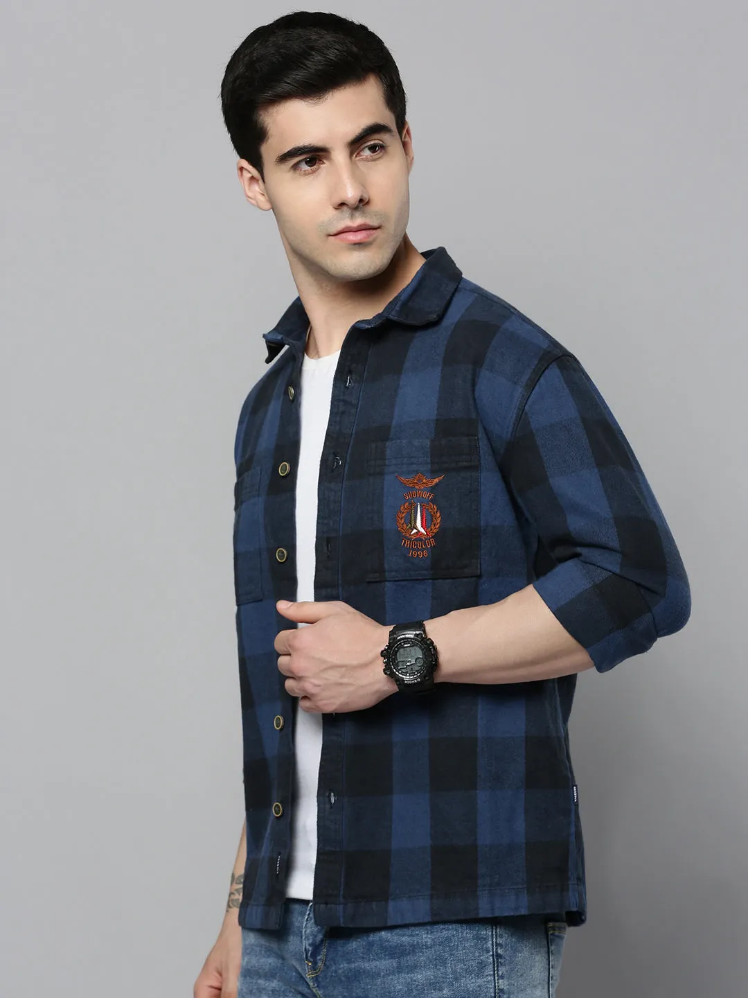Trendy Wearable Chic and Soft Men's Blue Checked Casual Shacket