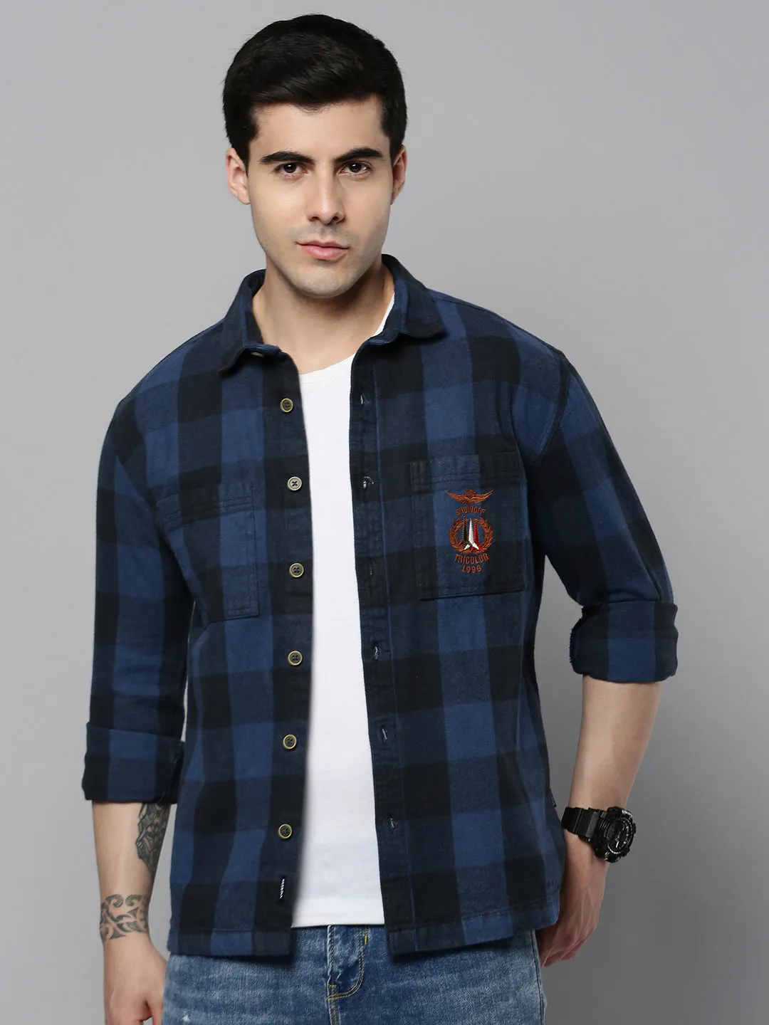 Men's Blue Checked Casual Shacket Layered Look Wear easygoing look