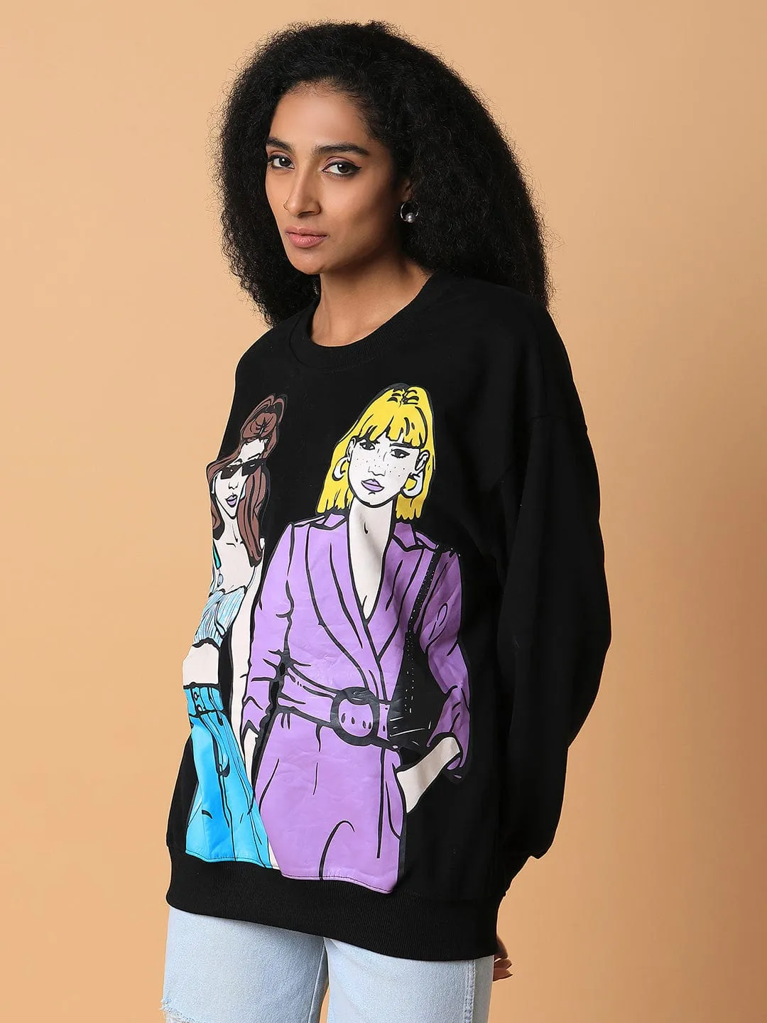 Women's Black Graphic Printed Sweatshirt goes with sneakers