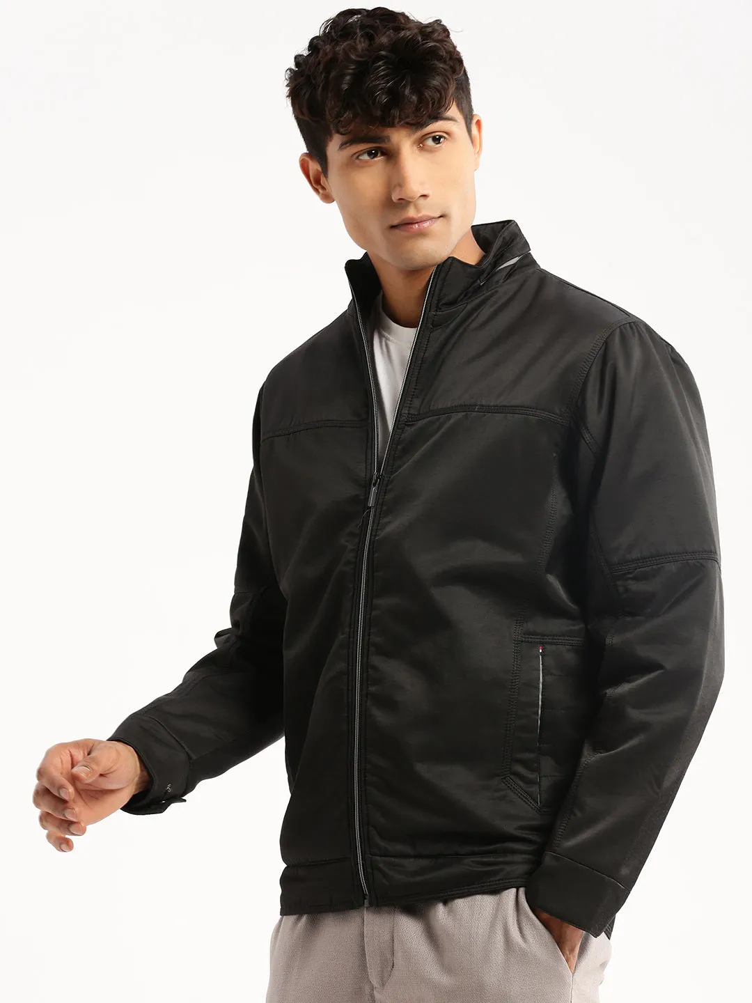 Waterproof Coating Utility Pockets Men's Black Mock Collar Bomber Jacket