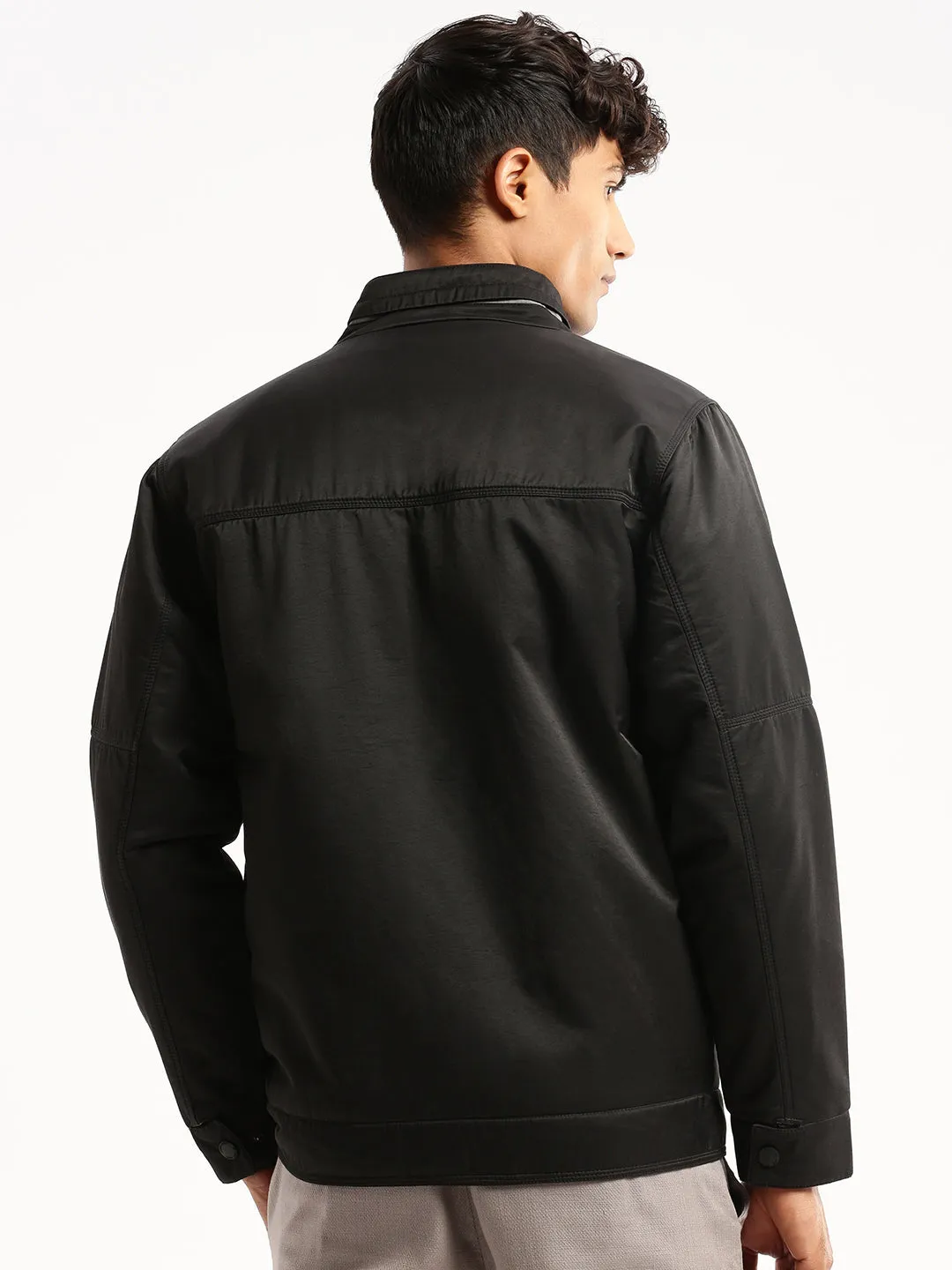Men's Black Mock Collar Bomber Jacket Modern Drop Tail Hem