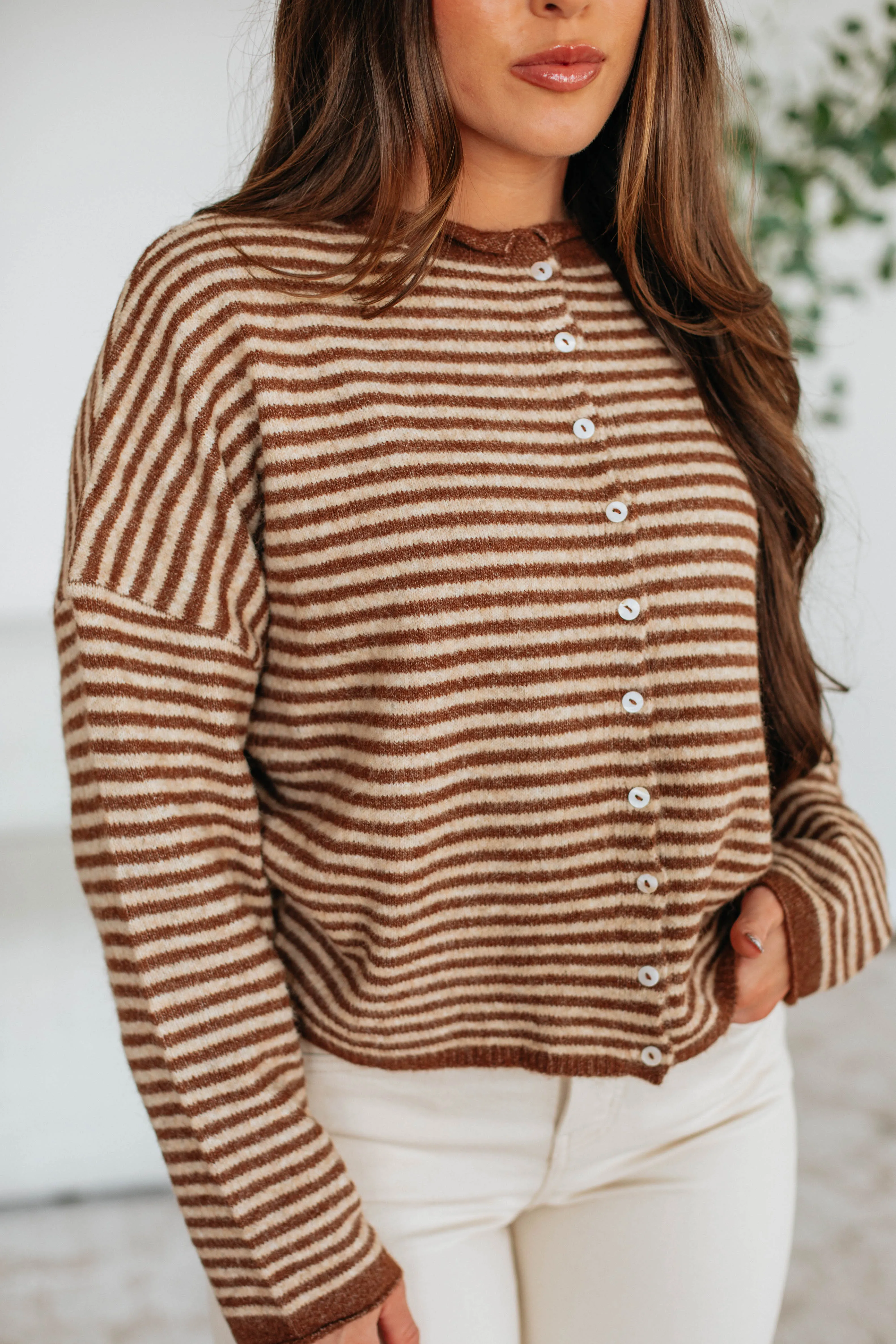 Zoelle Striped Cardigan - Walnut Mix Lightweight Jersey Material quick dry