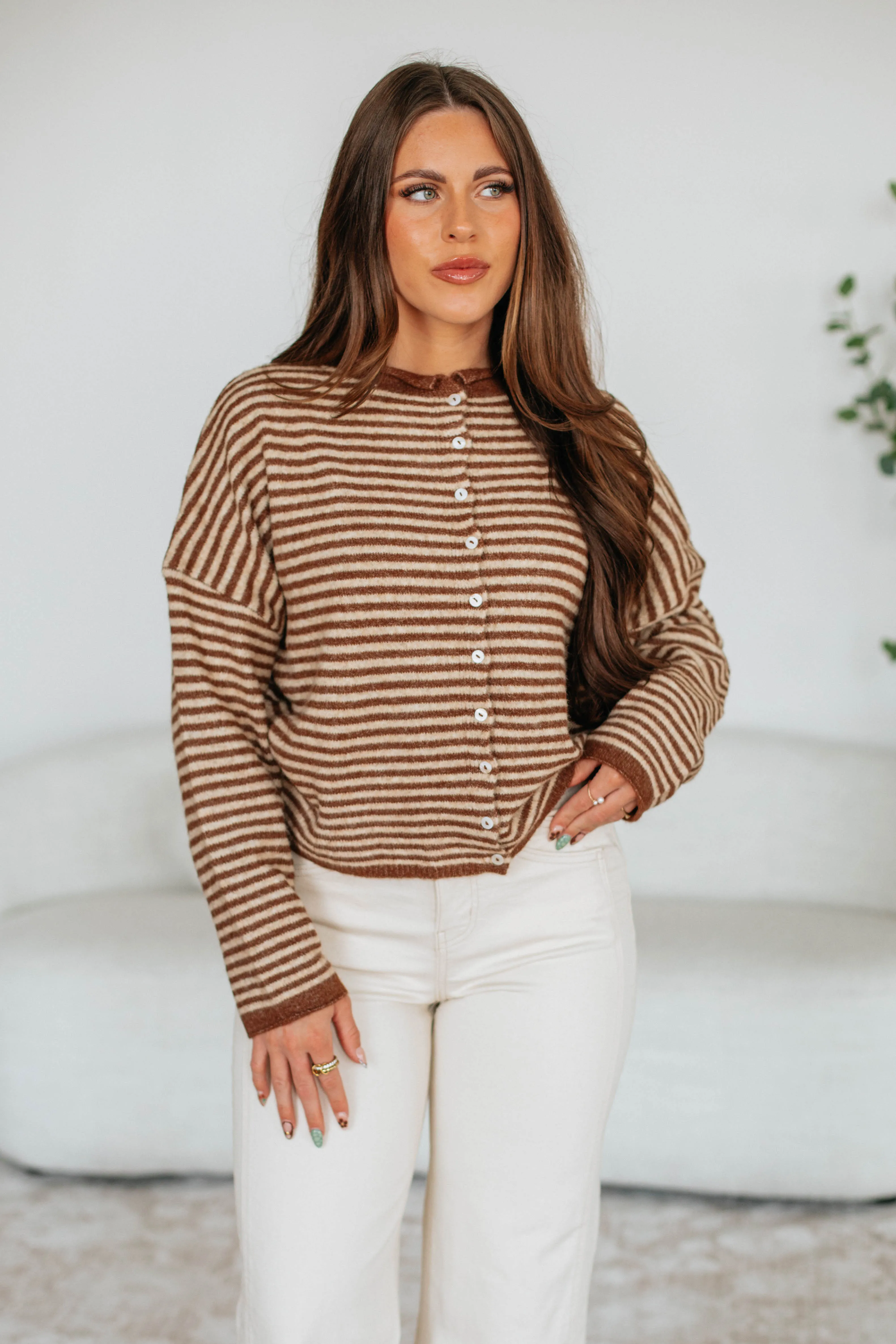 Street Casual Style EcoFriendly Dyeing Zoelle Striped Cardigan - Walnut Mix