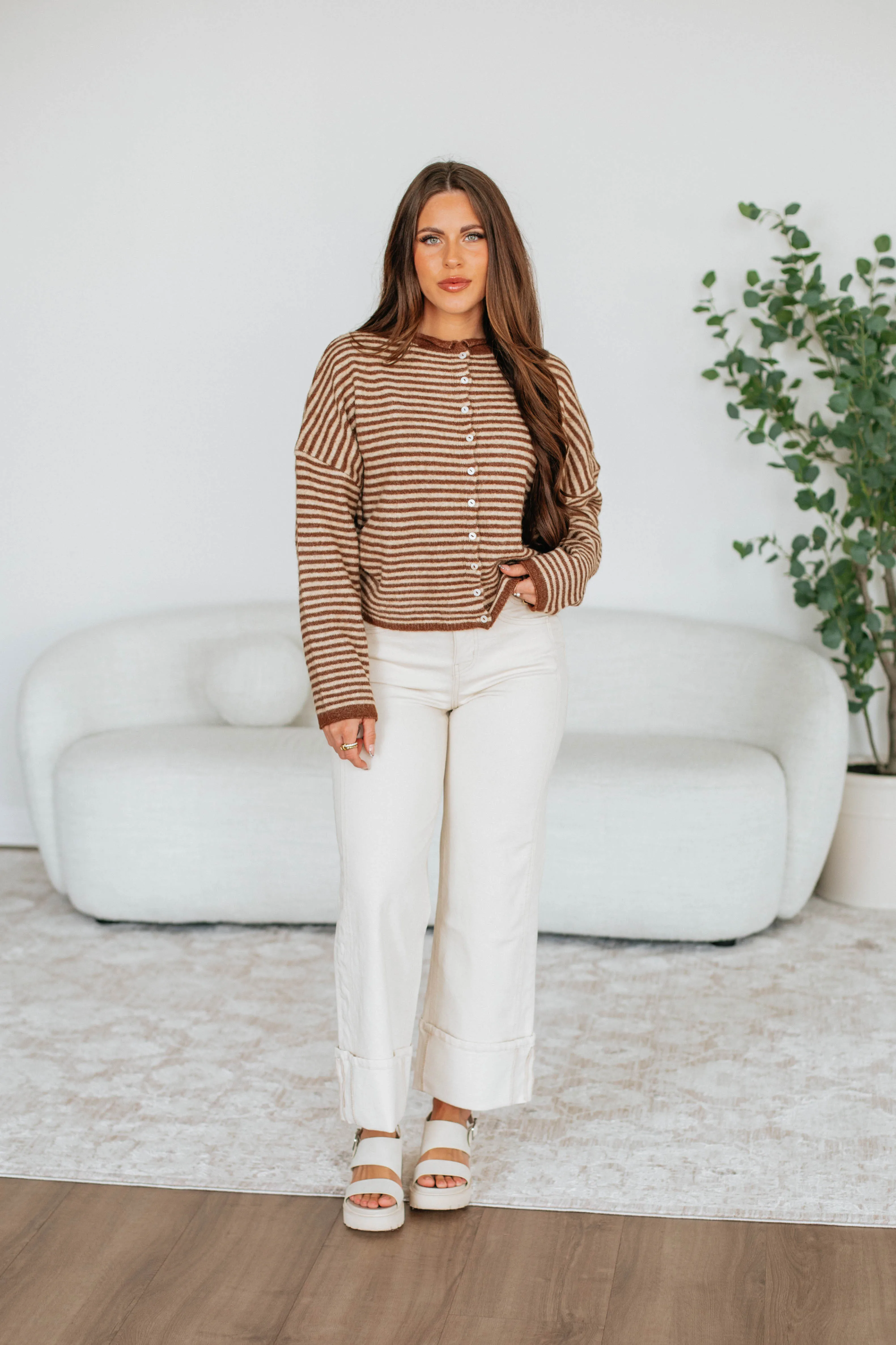 Day To Day Layered Edge Trim Zoelle Striped Cardigan - Walnut Mix