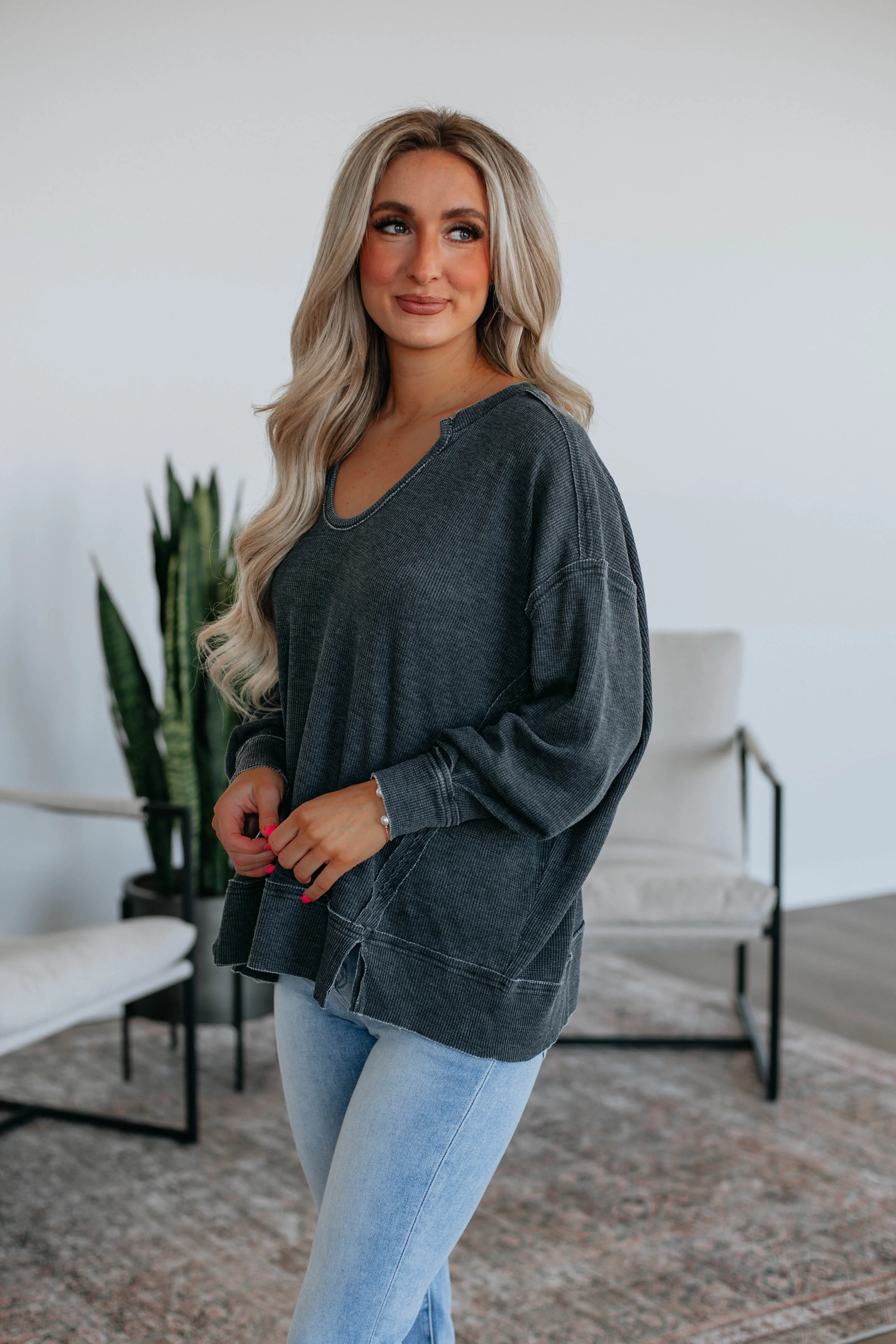 Crisp Look Kathrin Waffle Knit Top - Vintage Black