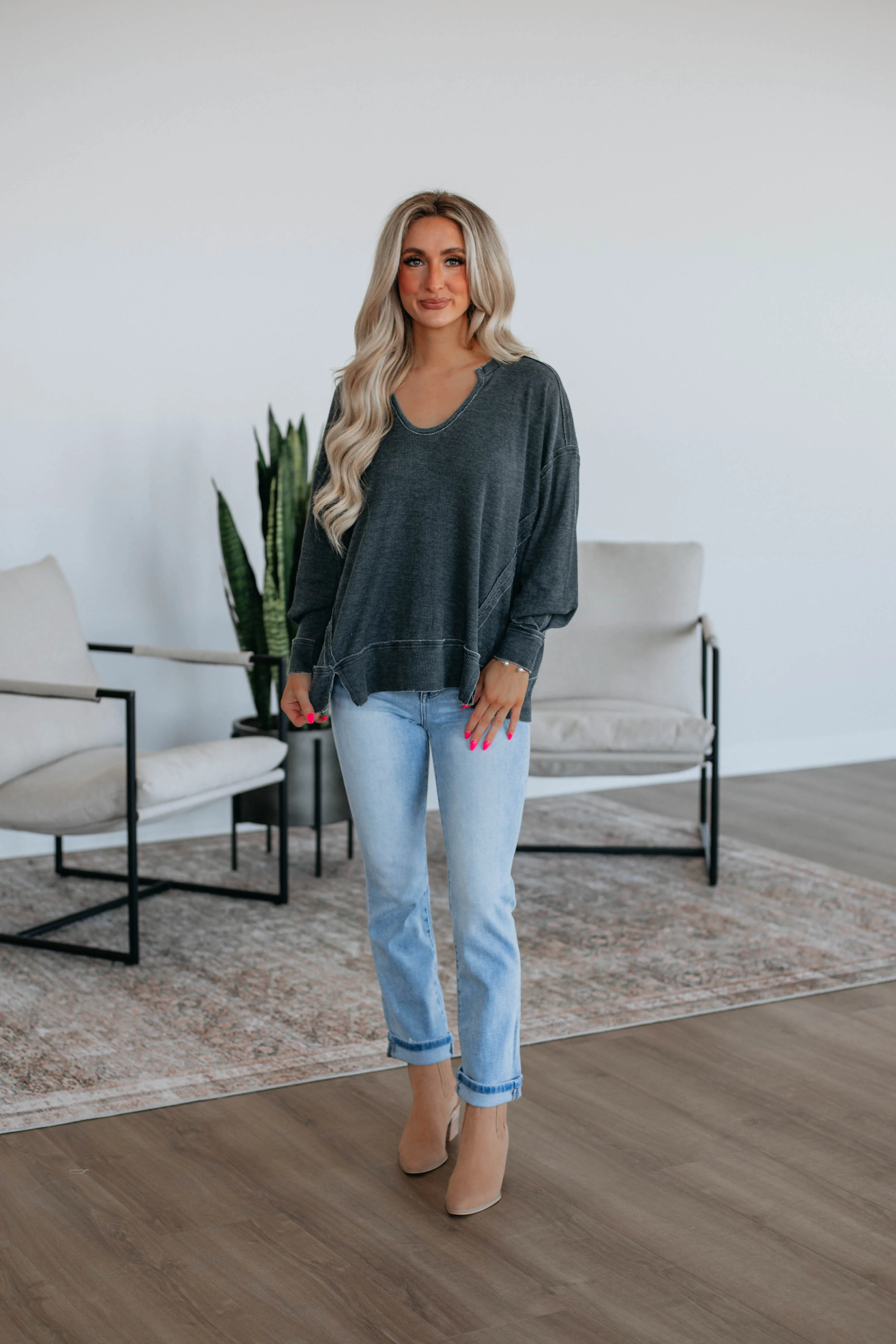 Breathable Openwork Knit KnitCuff Reinforcements Kathrin Waffle Knit Top - Vintage Black